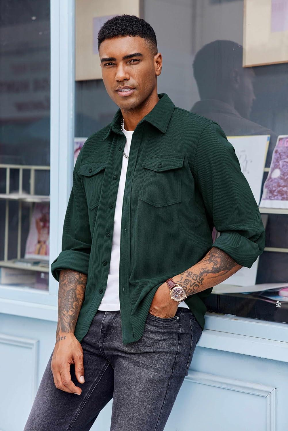 imageCOOFANDY Mens Corduroy Button Down Shirts Jackets Casual Long Sleeve Shacket Lightweight Overshirts with Flap PocketsLake Green