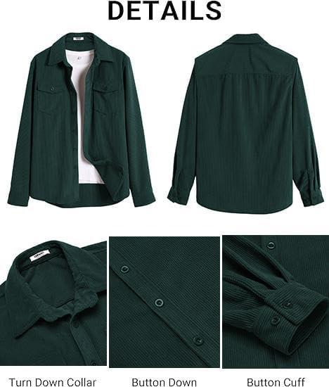 imageCOOFANDY Mens Corduroy Button Down Shirts Jackets Casual Long Sleeve Shacket Lightweight Overshirts with Flap PocketsLake Green