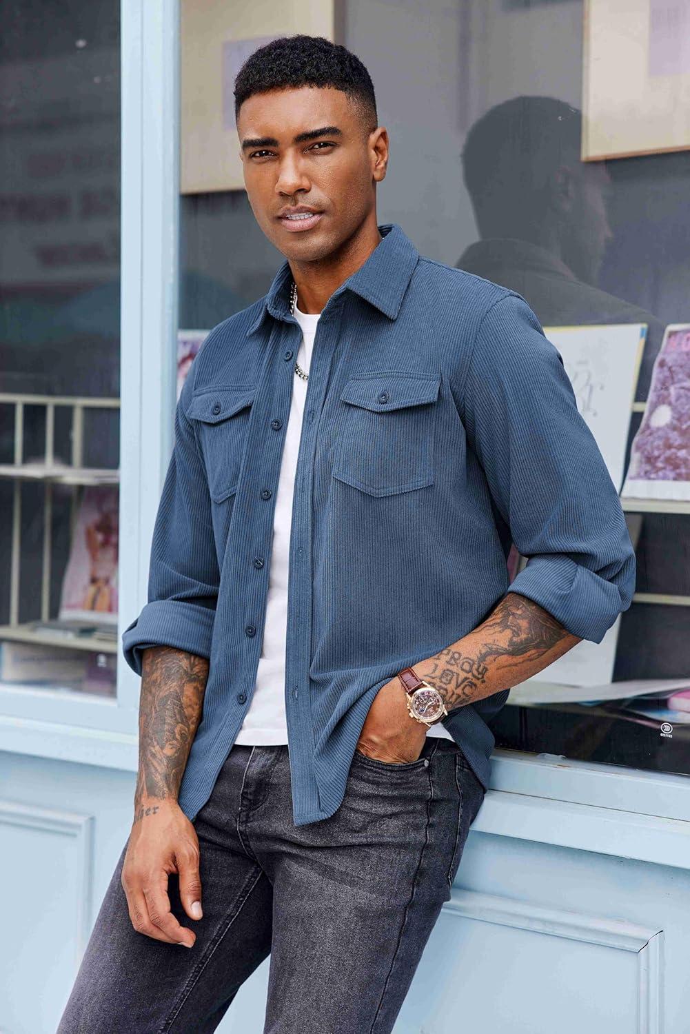 imageCOOFANDY Mens Corduroy Button Down Shirts Jackets Casual Long Sleeve Shacket Lightweight Overshirts with Flap PocketsNavy Blue