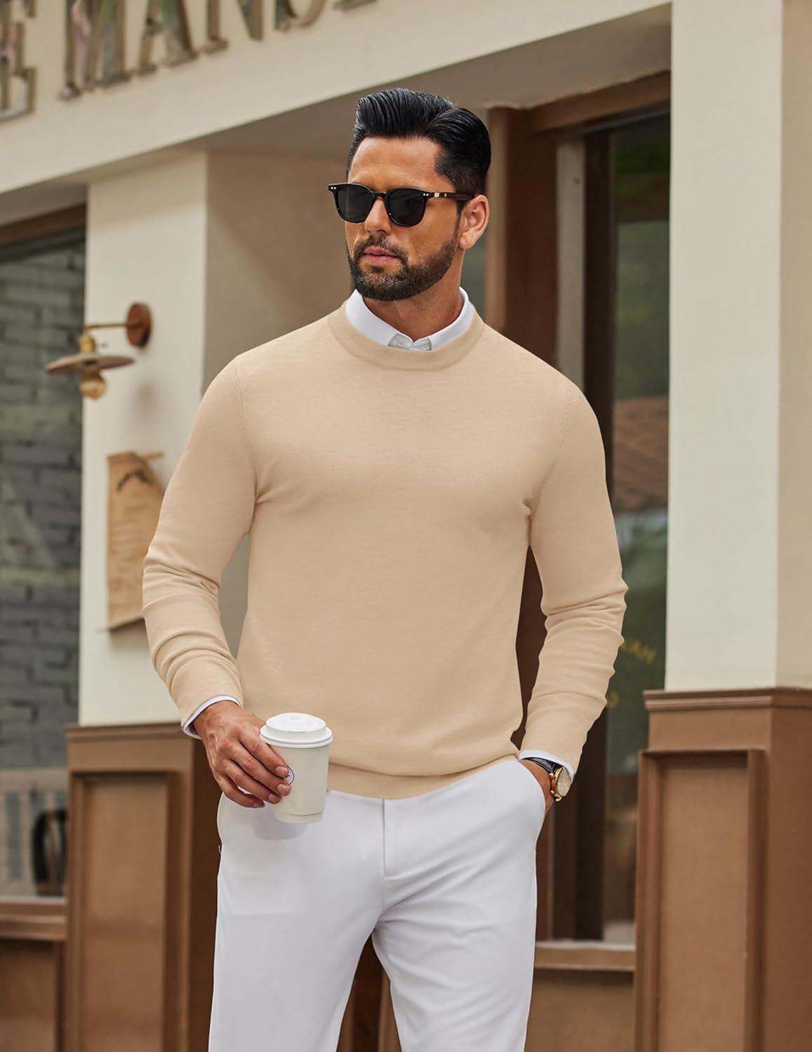 imageCOOFANDY Mens Crew Neck Pullover Sweater Slim Fit Long Sleeve Knit Sweaters Lightweight Dress Casual Crewneck SweaterApricot