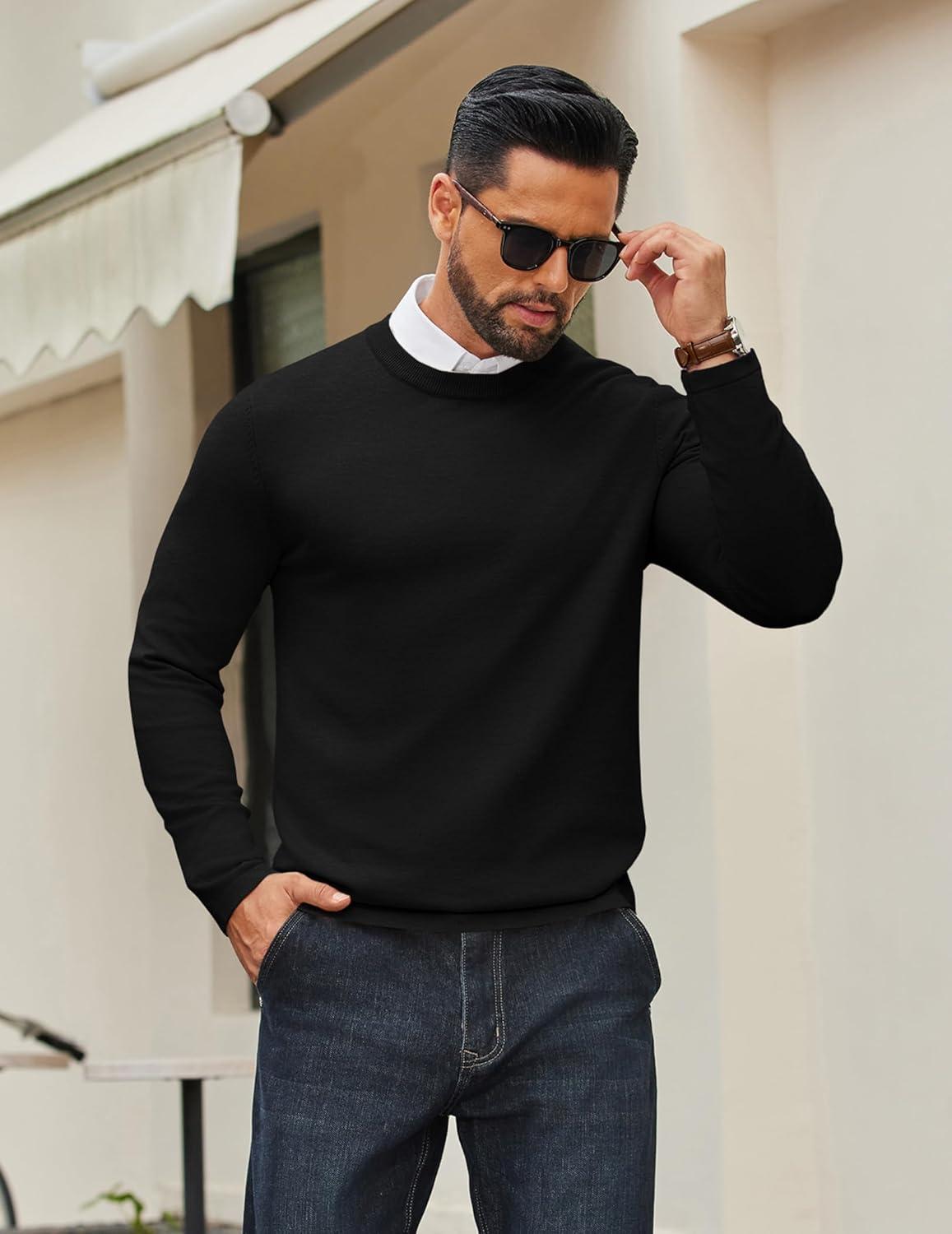 imageCOOFANDY Mens Crew Neck Pullover Sweater Slim Fit Long Sleeve Knit Sweaters Lightweight Dress Casual Crewneck SweaterBlack