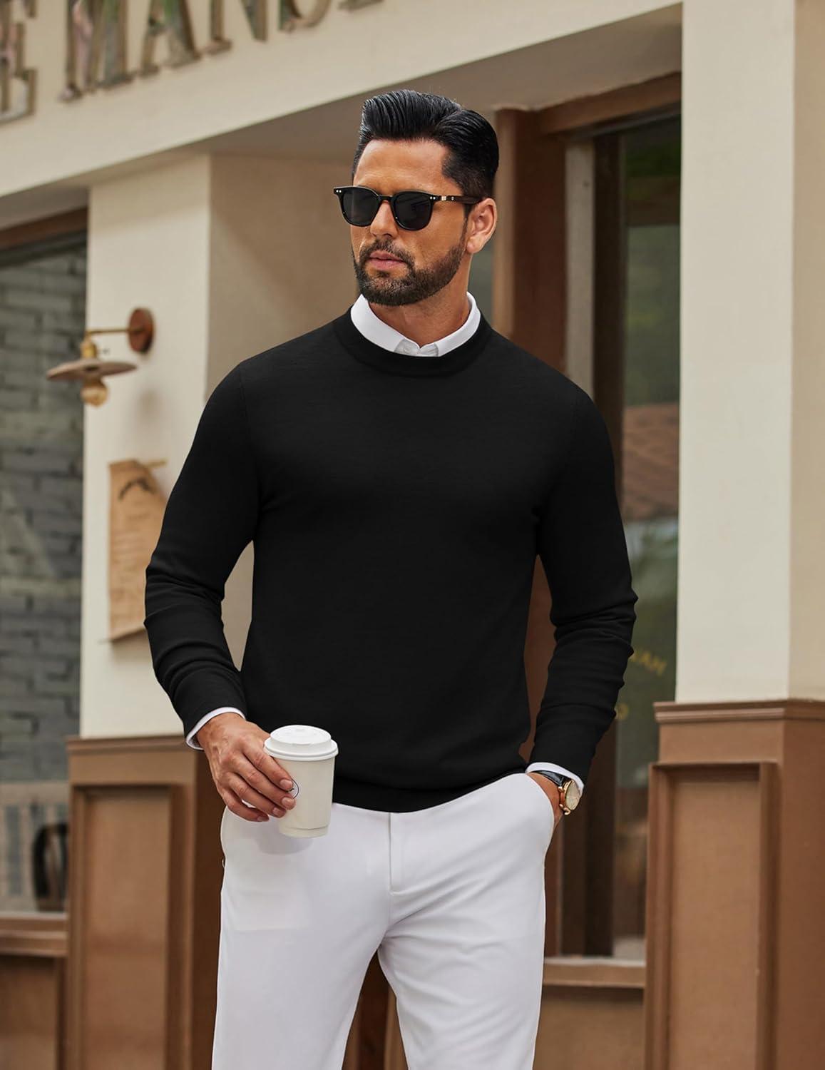 imageCOOFANDY Mens Crew Neck Pullover Sweater Slim Fit Long Sleeve Knit Sweaters Lightweight Dress Casual Crewneck SweaterBlack