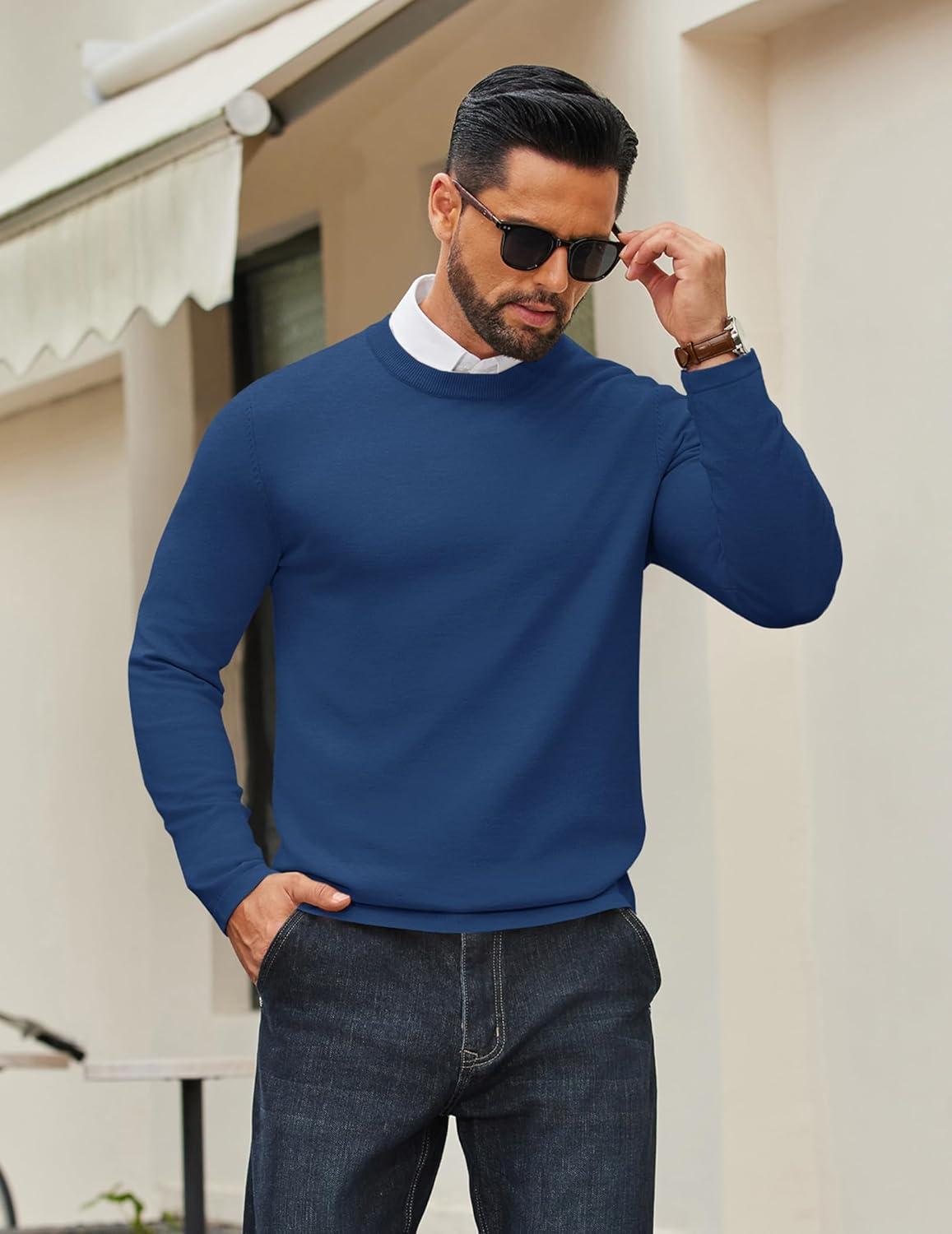 imageCOOFANDY Mens Crew Neck Pullover Sweater Slim Fit Long Sleeve Knit Sweaters Lightweight Dress Casual Crewneck SweaterBlue