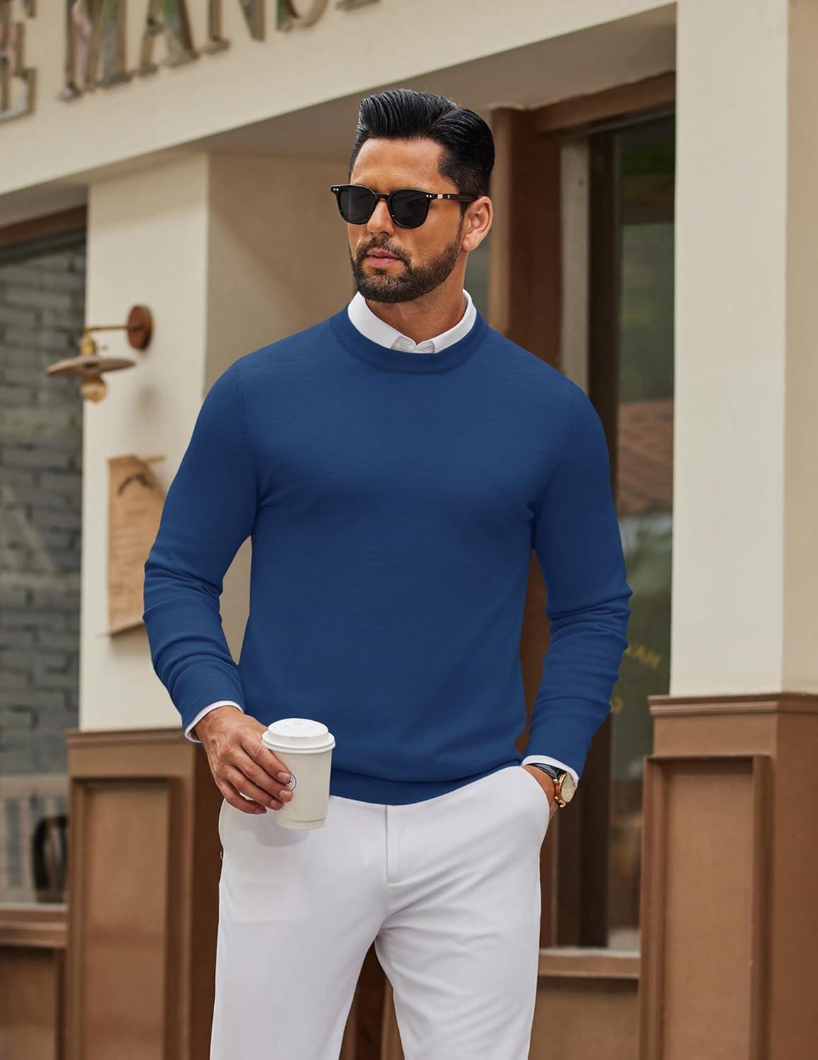 imageCOOFANDY Mens Crew Neck Pullover Sweater Slim Fit Long Sleeve Knit Sweaters Lightweight Dress Casual Crewneck SweaterBlue