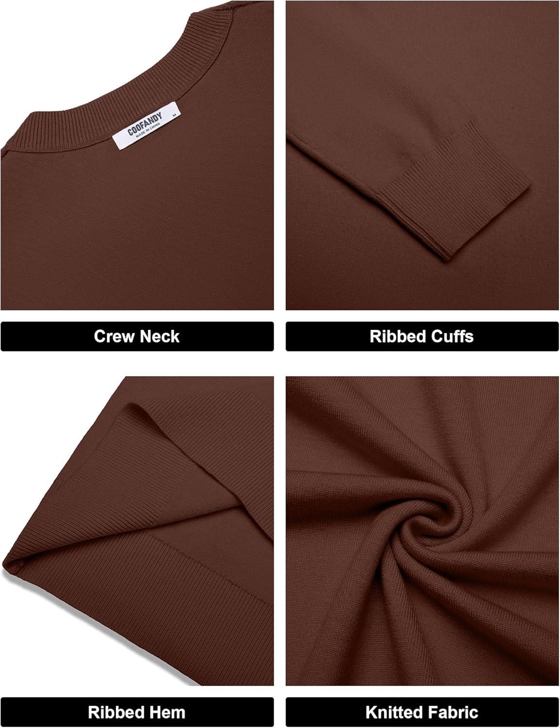 imageCOOFANDY Mens Crew Neck Pullover Sweater Slim Fit Long Sleeve Knit Sweaters Lightweight Dress Casual Crewneck SweaterBrown
