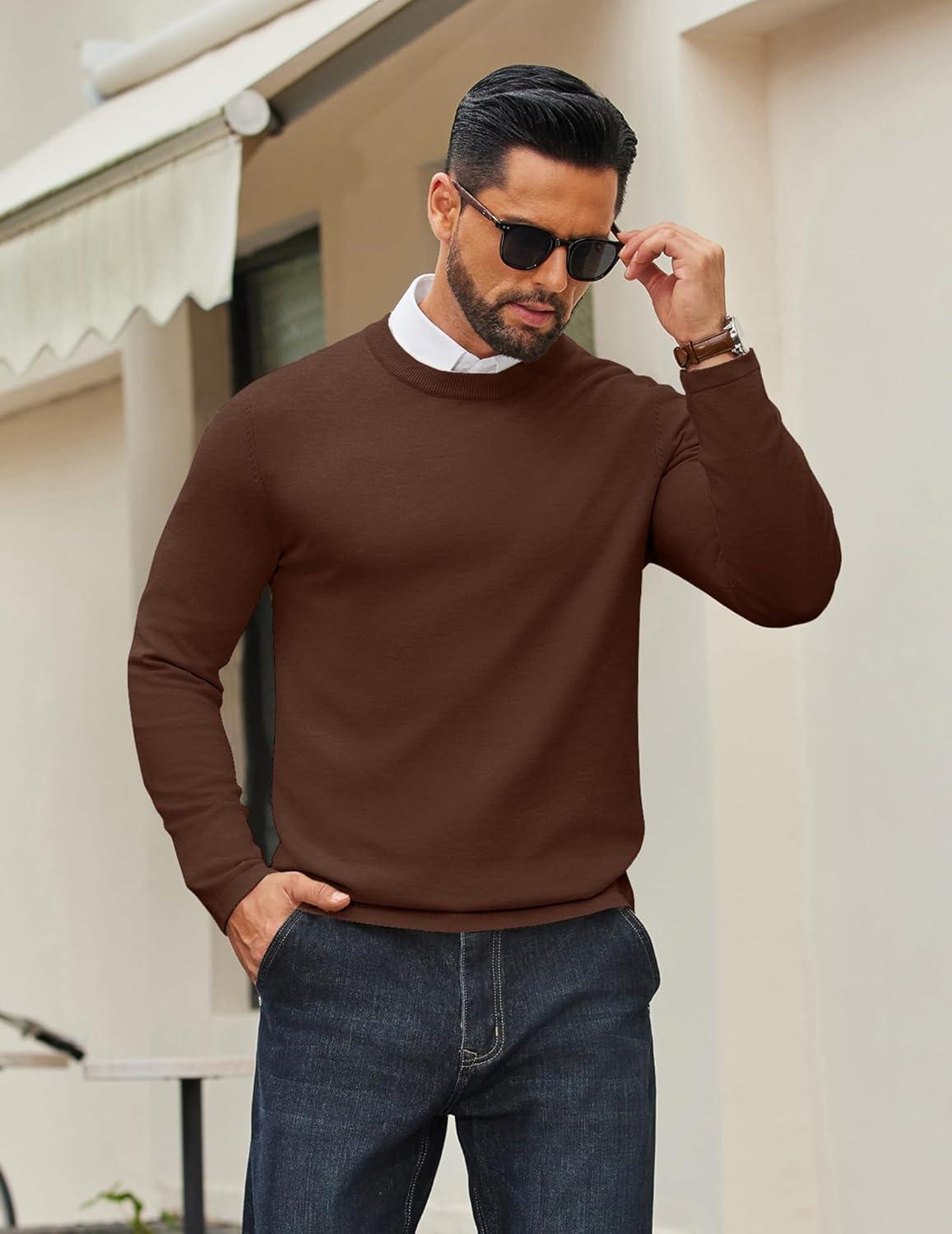 imageCOOFANDY Mens Crew Neck Pullover Sweater Slim Fit Long Sleeve Knit Sweaters Lightweight Dress Casual Crewneck SweaterBrown