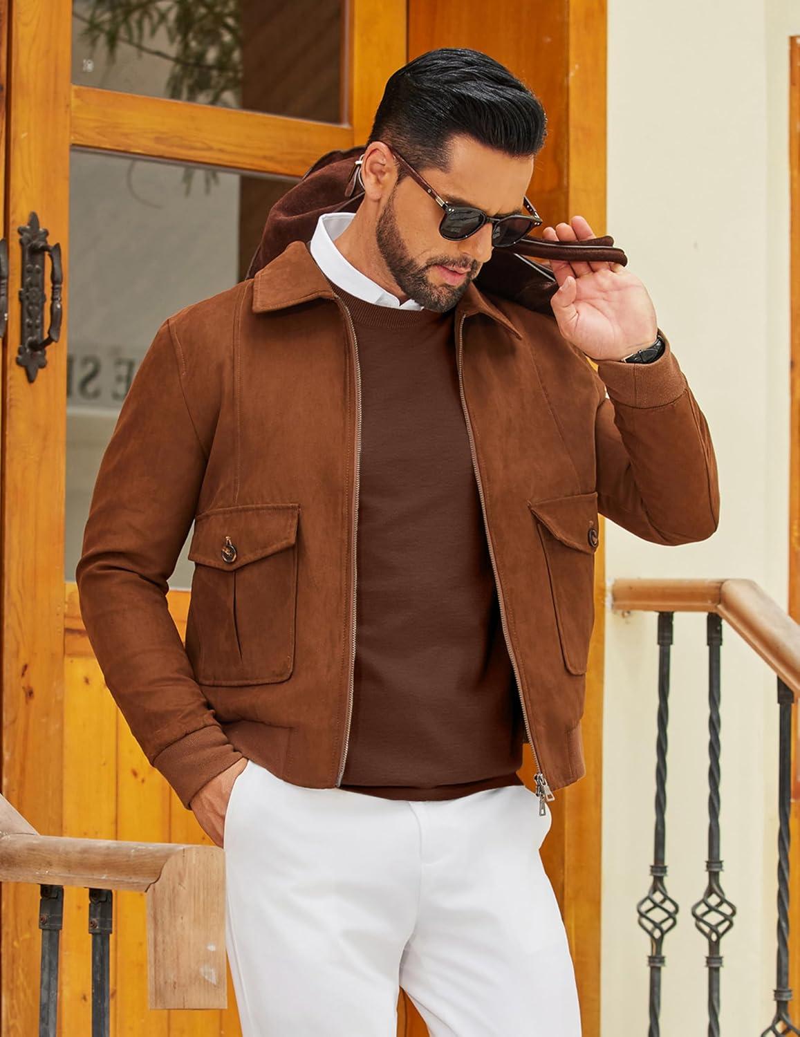 imageCOOFANDY Mens Crew Neck Pullover Sweater Slim Fit Long Sleeve Knit Sweaters Lightweight Dress Casual Crewneck SweaterBrown