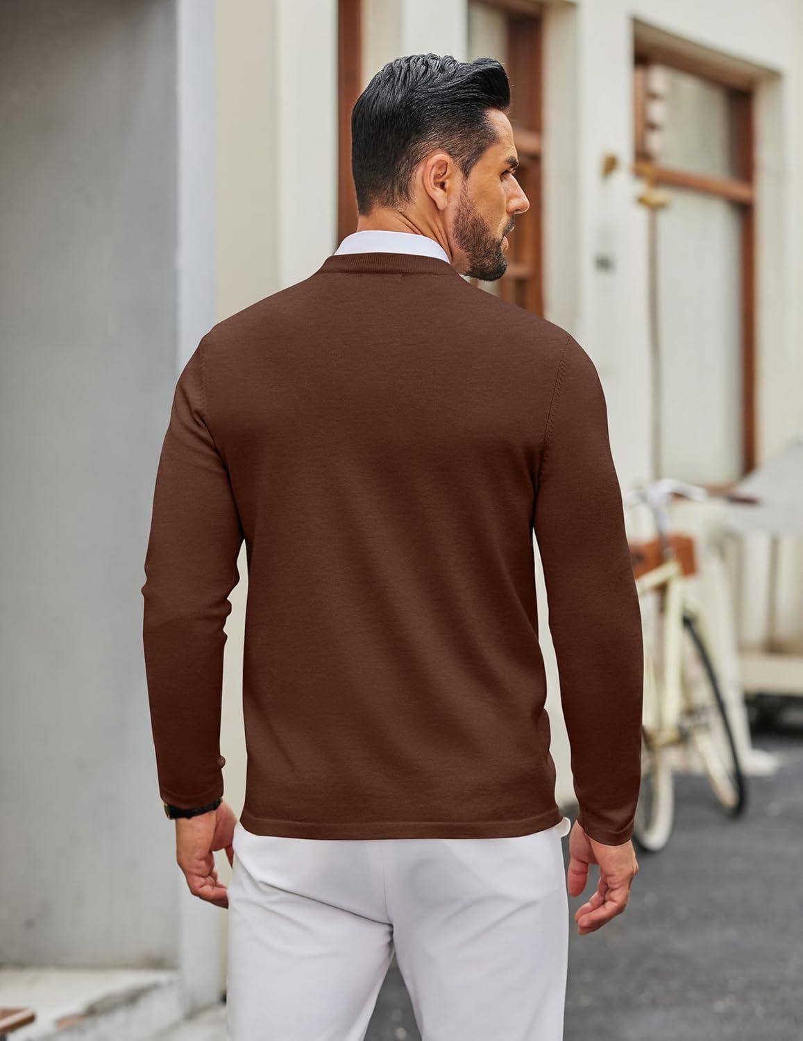 imageCOOFANDY Mens Crew Neck Pullover Sweater Slim Fit Long Sleeve Knit Sweaters Lightweight Dress Casual Crewneck SweaterBrown
