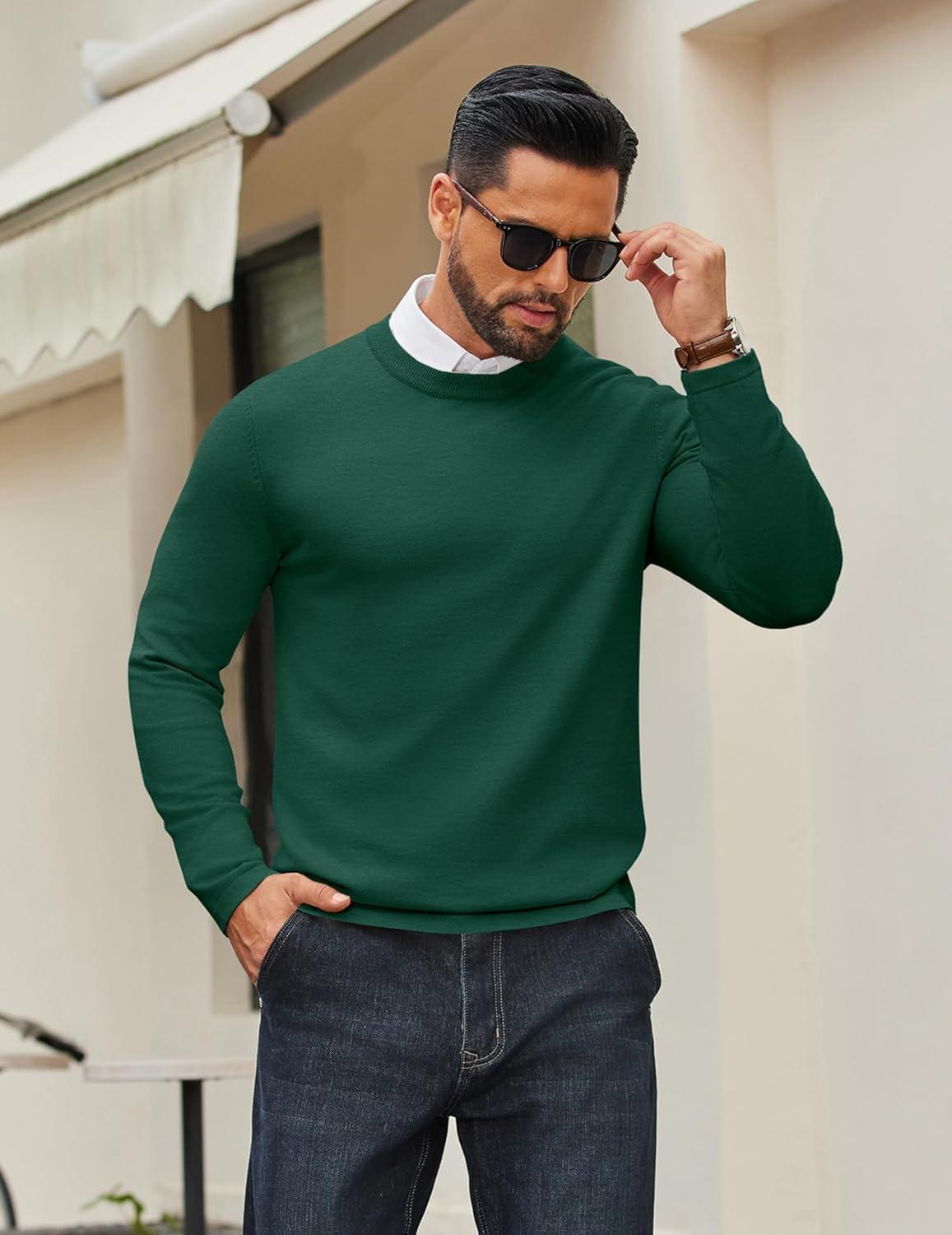 imageCOOFANDY Mens Crew Neck Pullover Sweater Slim Fit Long Sleeve Knit Sweaters Lightweight Dress Casual Crewneck SweaterDark Green
