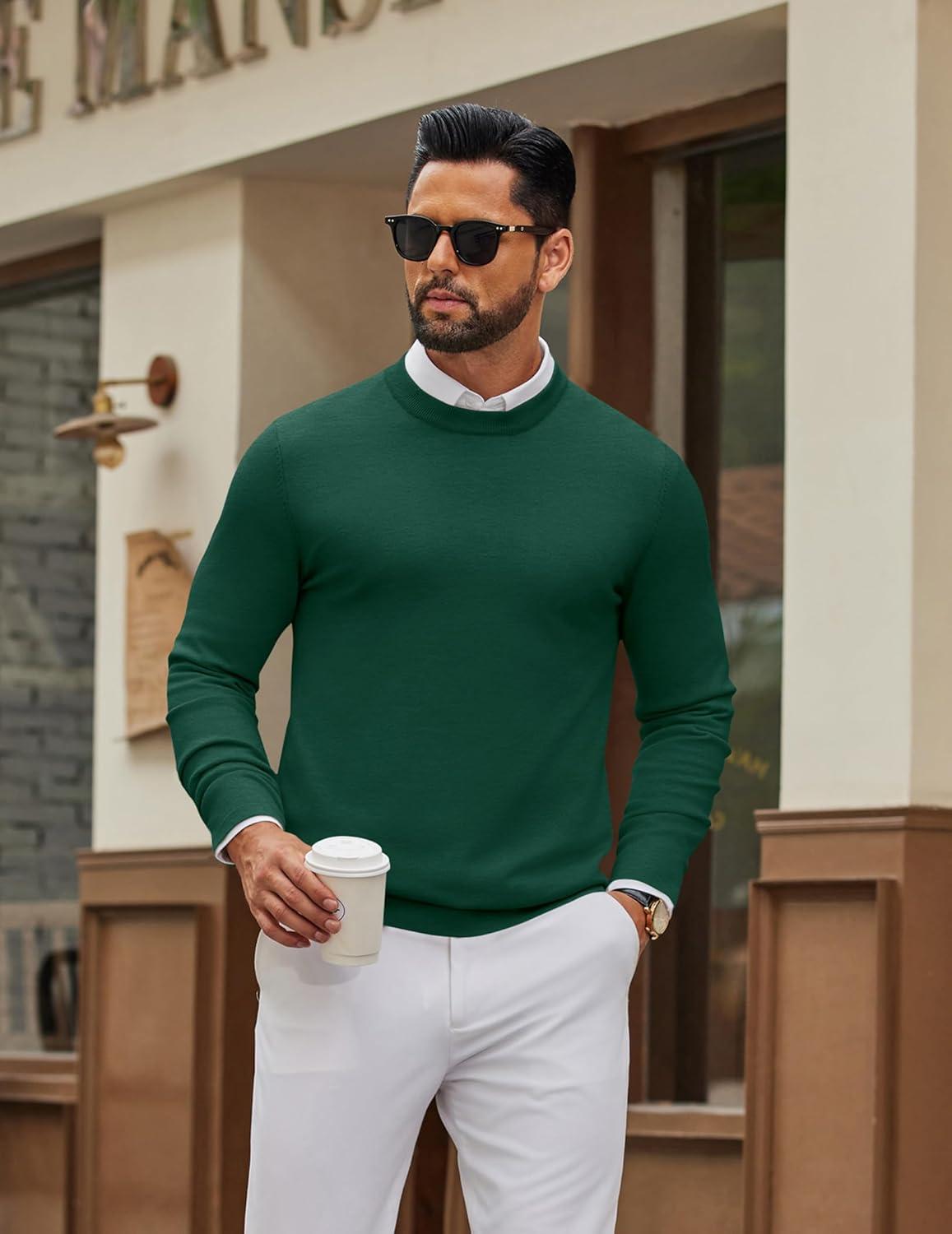 imageCOOFANDY Mens Crew Neck Pullover Sweater Slim Fit Long Sleeve Knit Sweaters Lightweight Dress Casual Crewneck SweaterDark Green