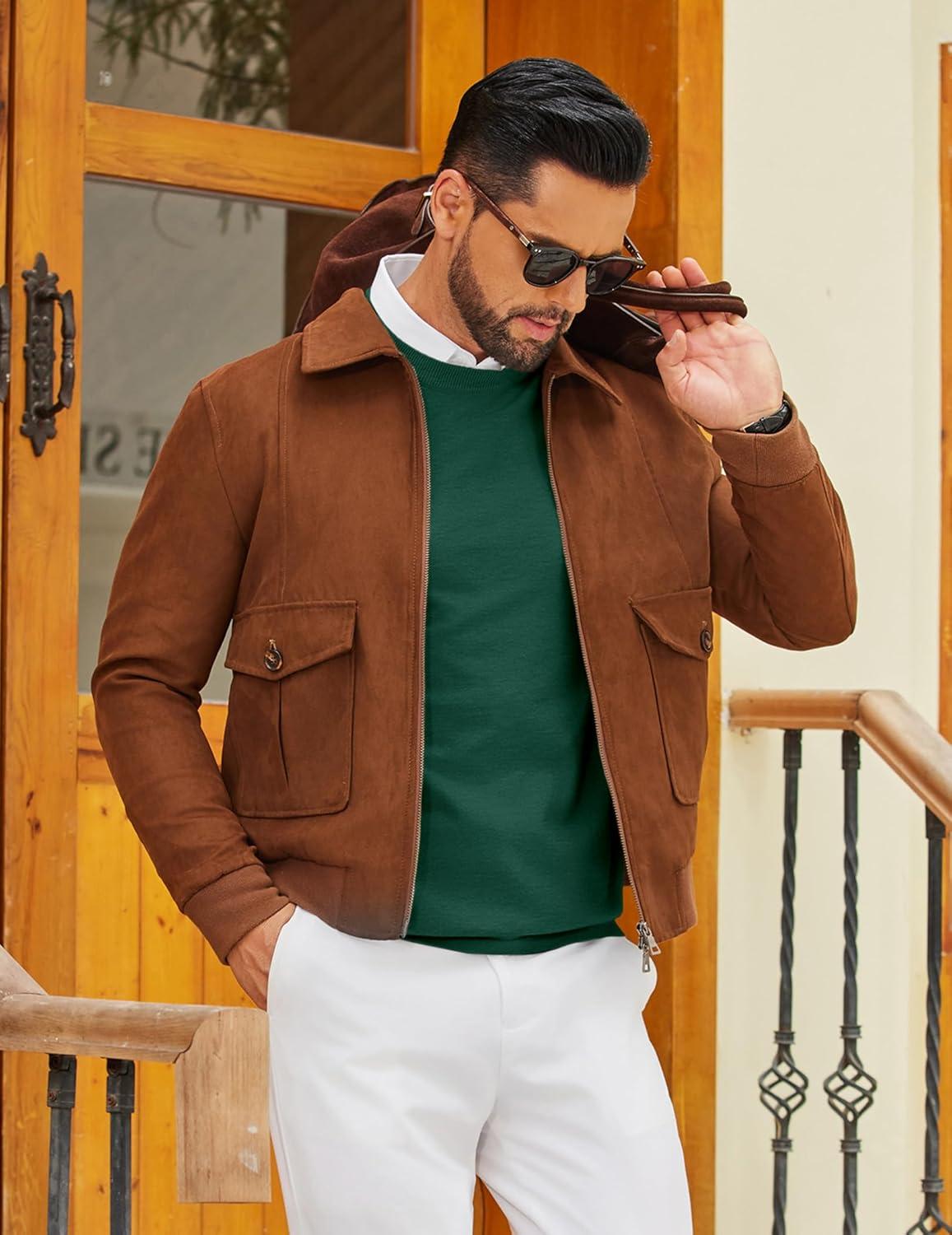 imageCOOFANDY Mens Crew Neck Pullover Sweater Slim Fit Long Sleeve Knit Sweaters Lightweight Dress Casual Crewneck SweaterDark Green