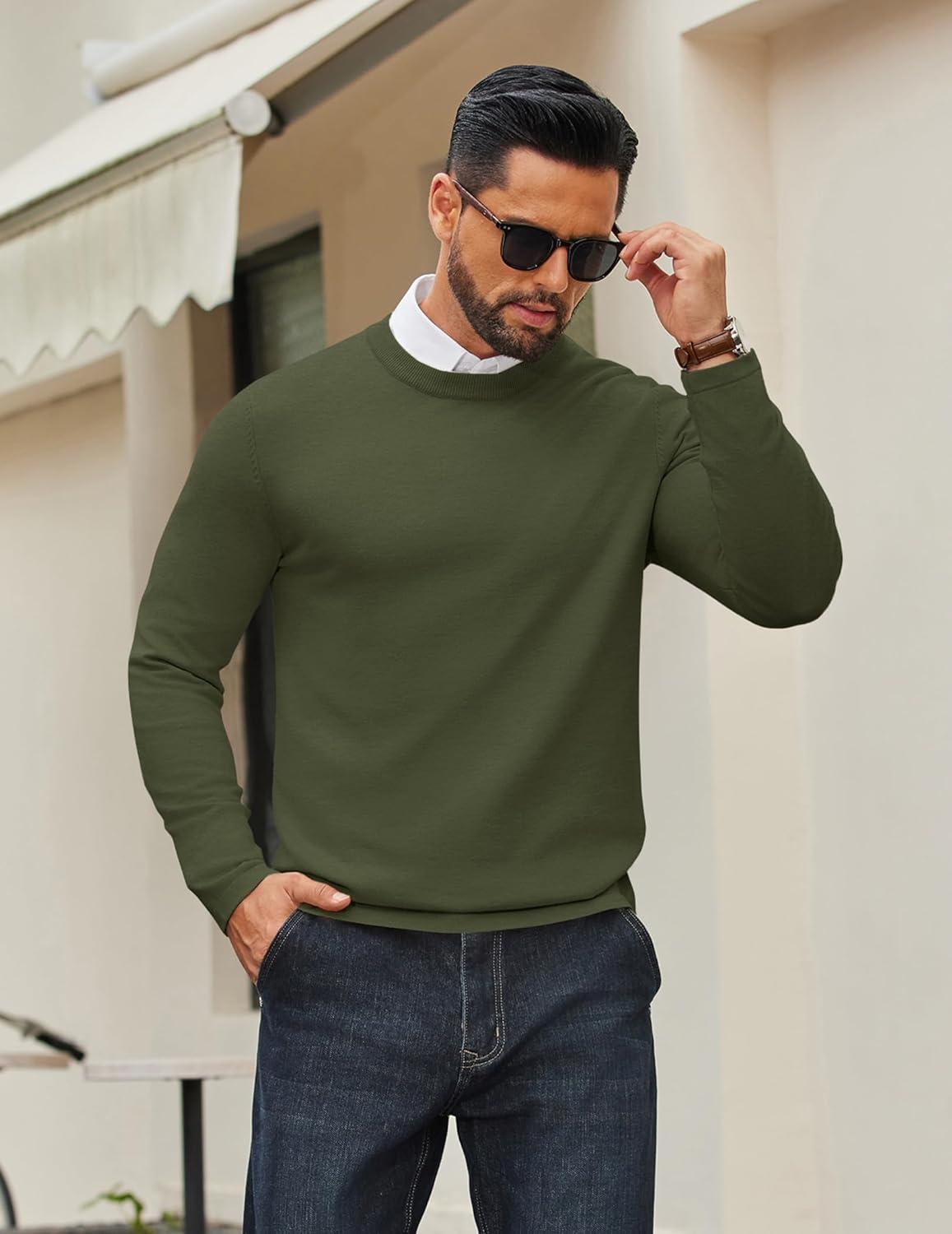 imageCOOFANDY Mens Crew Neck Pullover Sweater Slim Fit Long Sleeve Knit Sweaters Lightweight Dress Casual Crewneck SweaterDeep Army Green