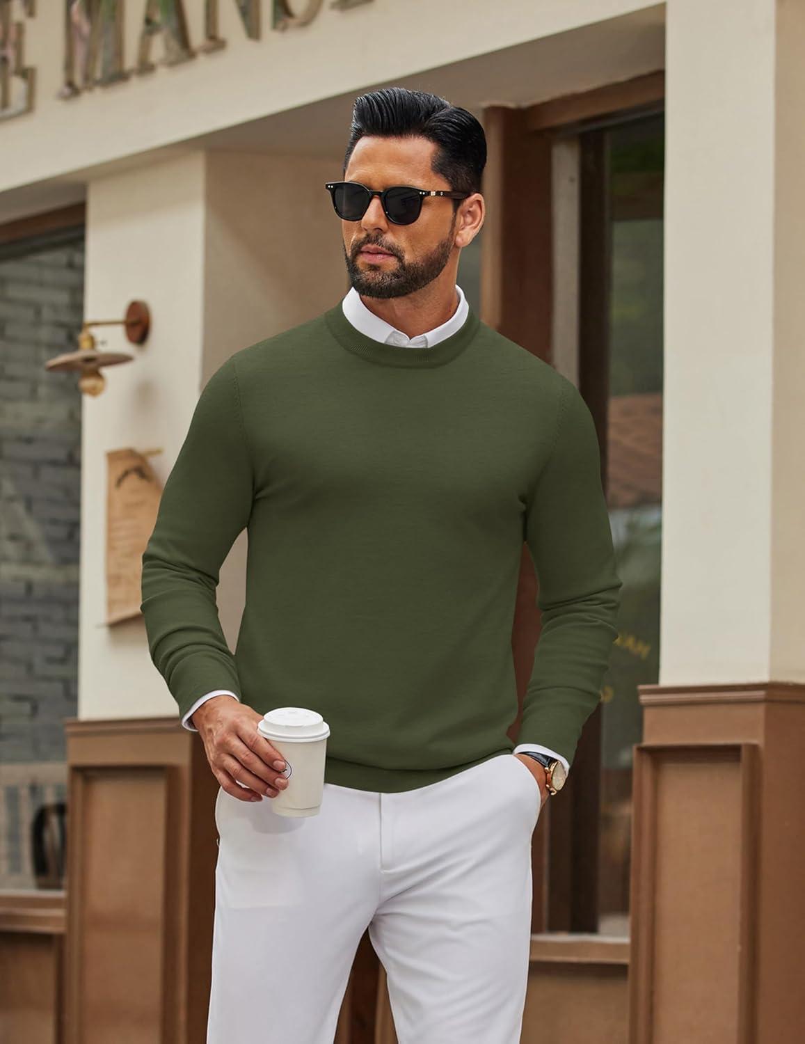 imageCOOFANDY Mens Crew Neck Pullover Sweater Slim Fit Long Sleeve Knit Sweaters Lightweight Dress Casual Crewneck SweaterDeep Army Green