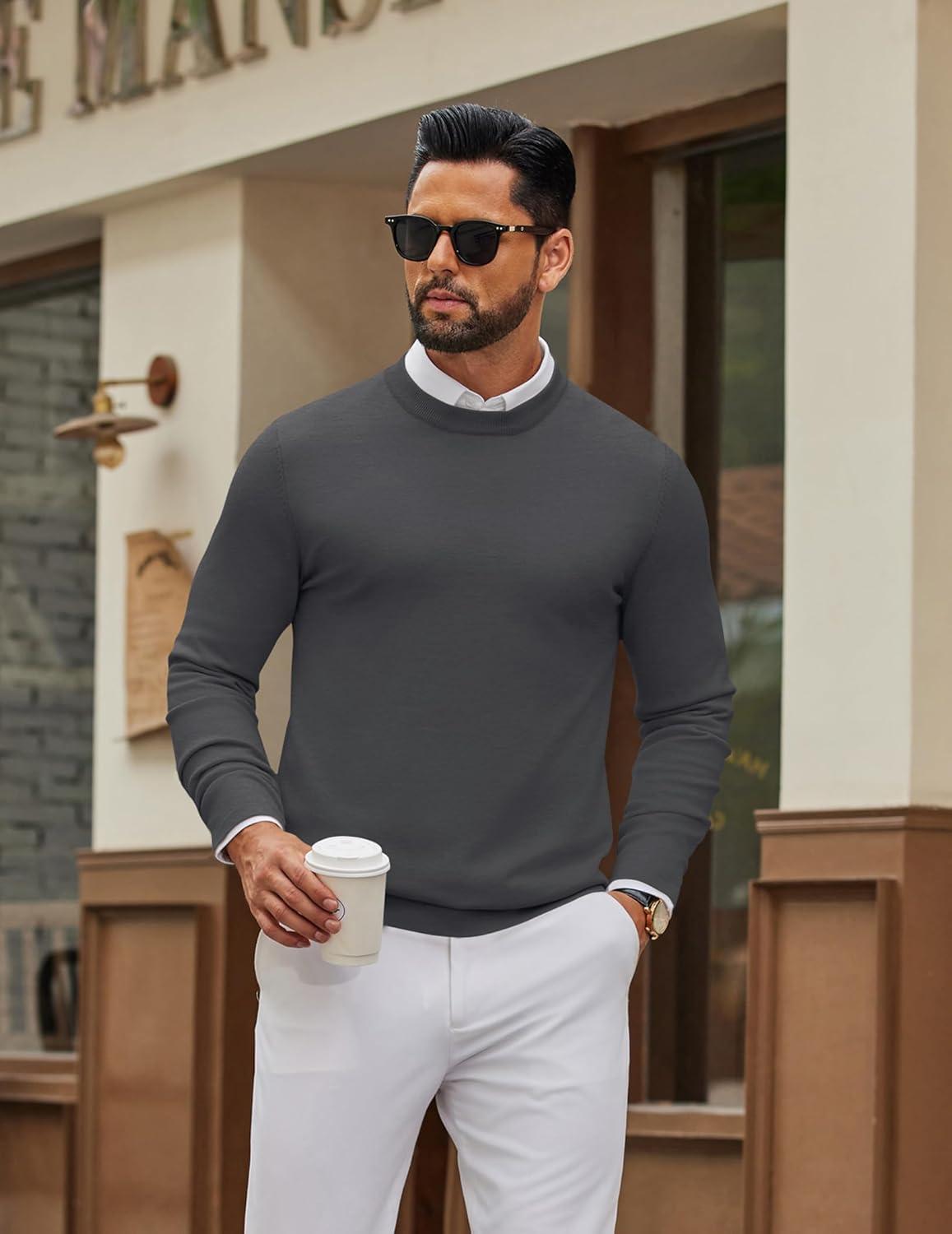 imageCOOFANDY Mens Crew Neck Pullover Sweater Slim Fit Long Sleeve Knit Sweaters Lightweight Dress Casual Crewneck SweaterGrey
