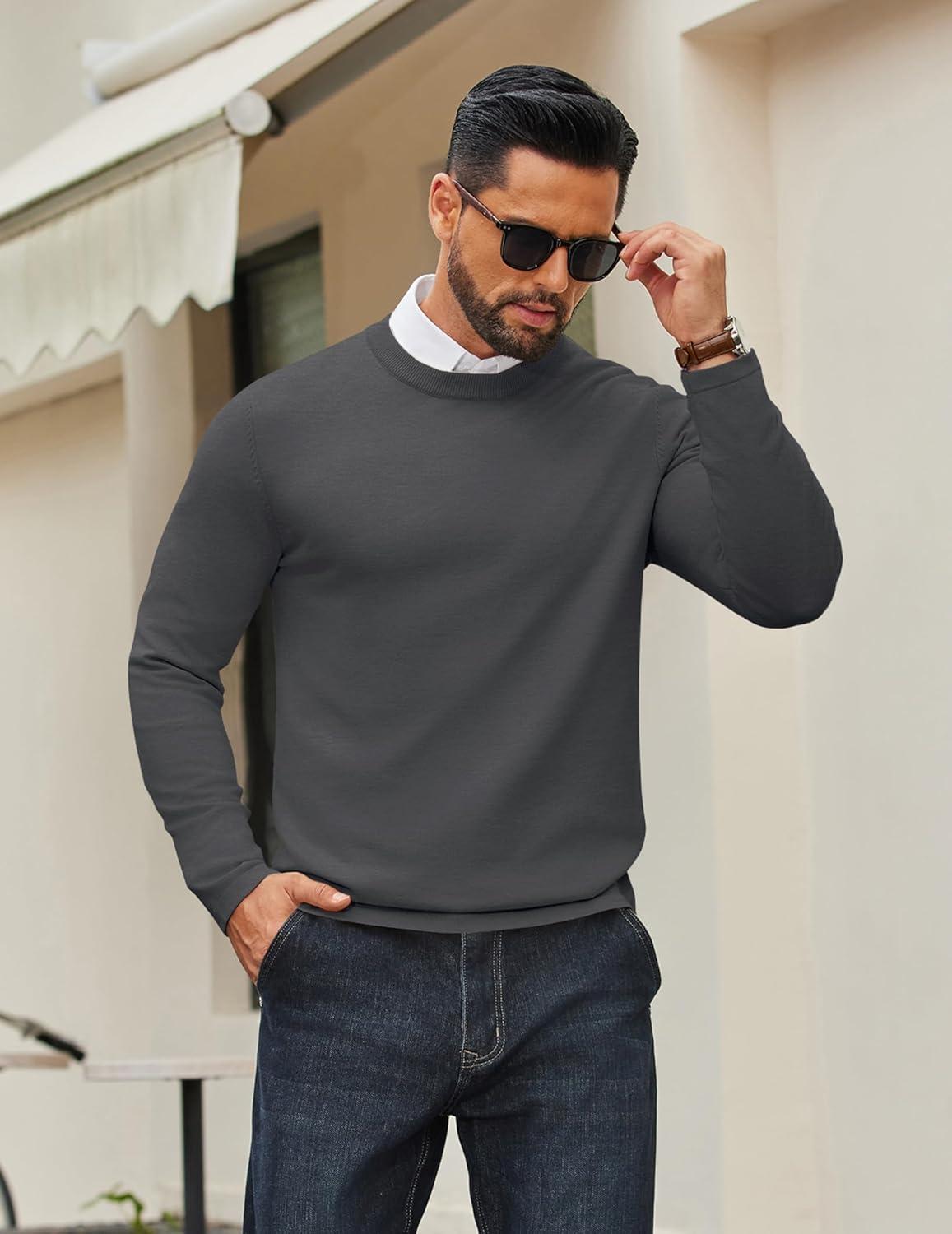 imageCOOFANDY Mens Crew Neck Pullover Sweater Slim Fit Long Sleeve Knit Sweaters Lightweight Dress Casual Crewneck SweaterGrey