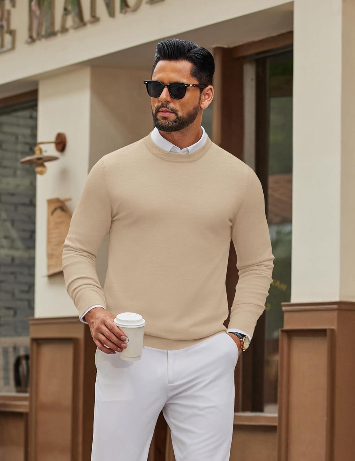imageCOOFANDY Mens Crew Neck Pullover Sweater Slim Fit Long Sleeve Knit Sweaters Lightweight Dress Casual Crewneck SweaterKhaki