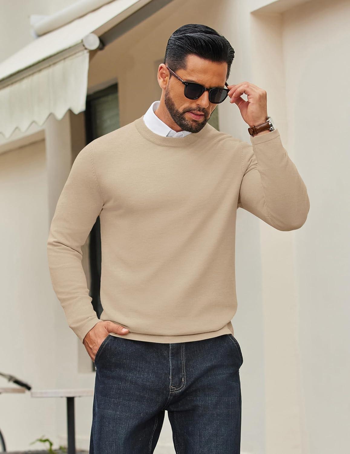 imageCOOFANDY Mens Crew Neck Pullover Sweater Slim Fit Long Sleeve Knit Sweaters Lightweight Dress Casual Crewneck SweaterKhaki