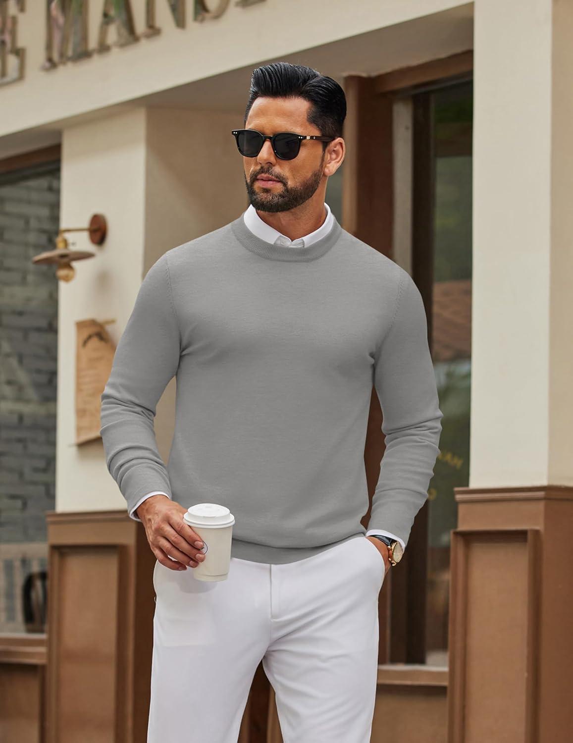 imageCOOFANDY Mens Crew Neck Pullover Sweater Slim Fit Long Sleeve Knit Sweaters Lightweight Dress Casual Crewneck SweaterLight Grey
