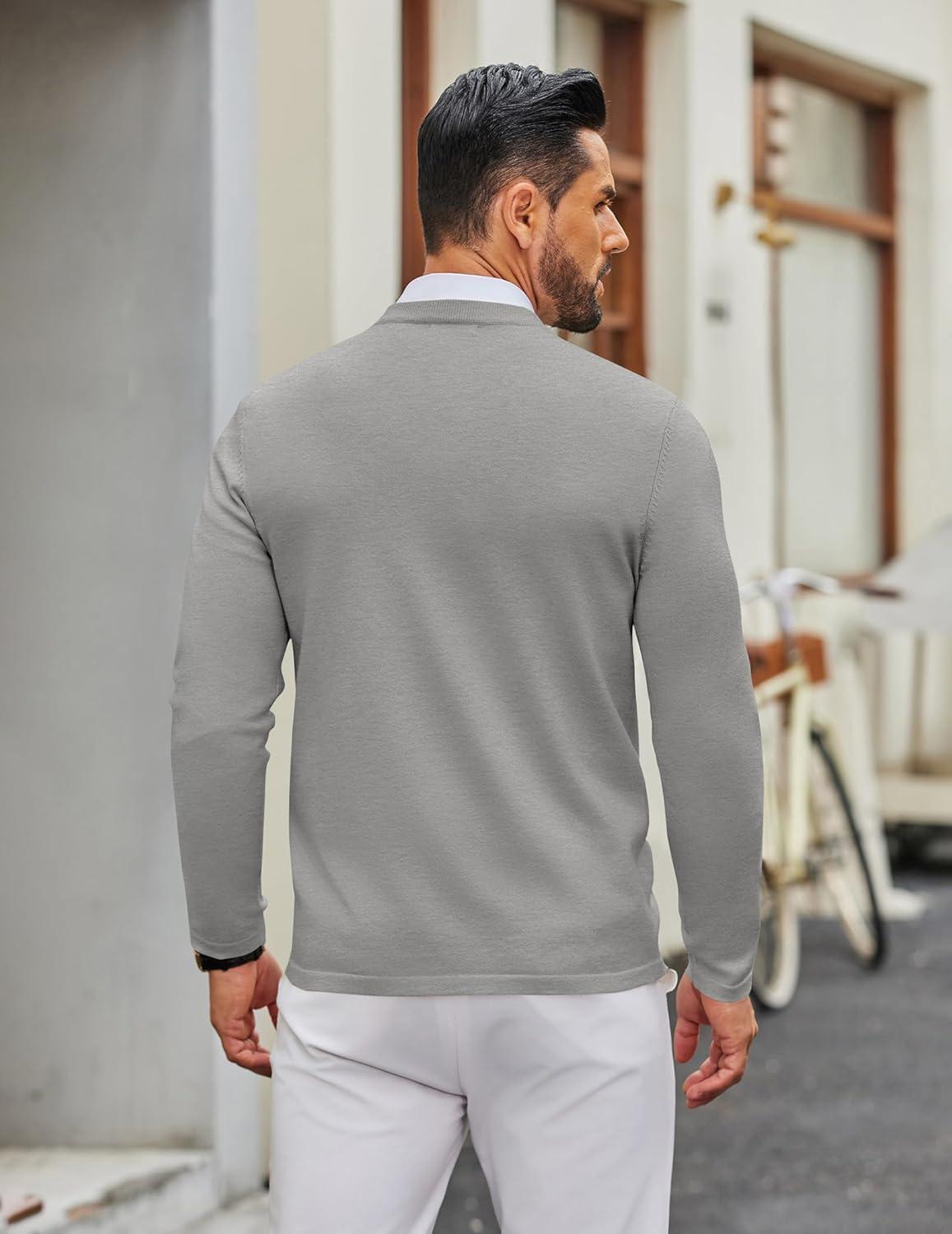 imageCOOFANDY Mens Crew Neck Pullover Sweater Slim Fit Long Sleeve Knit Sweaters Lightweight Dress Casual Crewneck SweaterLight Grey