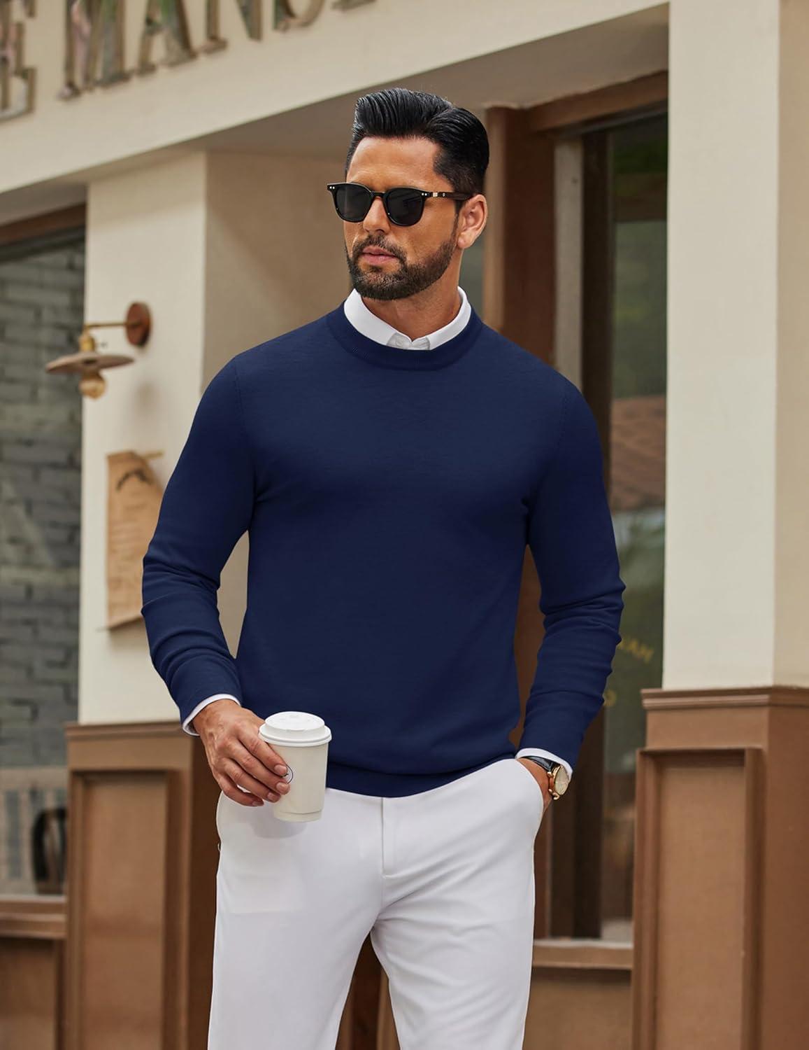 imageCOOFANDY Mens Crew Neck Pullover Sweater Slim Fit Long Sleeve Knit Sweaters Lightweight Dress Casual Crewneck SweaterNavy Blue