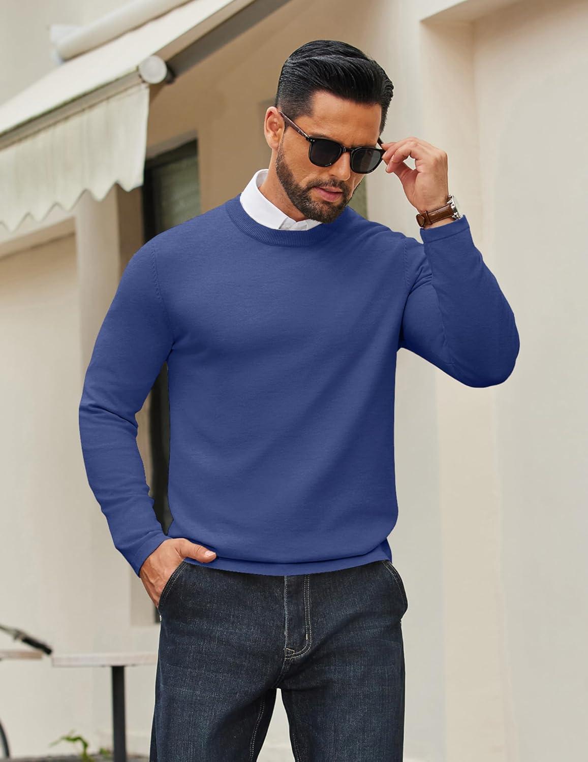 imageCOOFANDY Mens Crew Neck Pullover Sweater Slim Fit Long Sleeve Knit Sweaters Lightweight Dress Casual Crewneck SweaterRoyal Blue