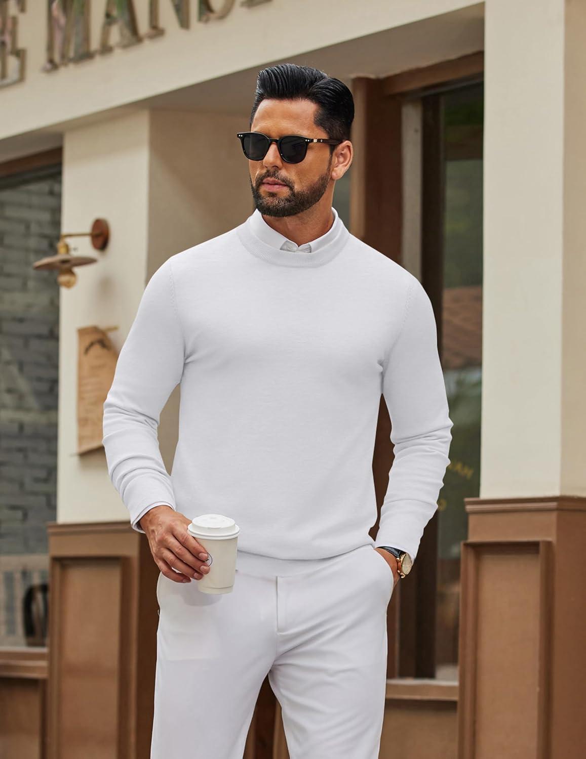 imageCOOFANDY Mens Crew Neck Pullover Sweater Slim Fit Long Sleeve Knit Sweaters Lightweight Dress Casual Crewneck SweaterWhite
