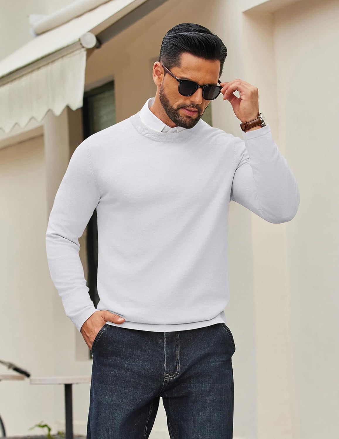 imageCOOFANDY Mens Crew Neck Pullover Sweater Slim Fit Long Sleeve Knit Sweaters Lightweight Dress Casual Crewneck SweaterWhite