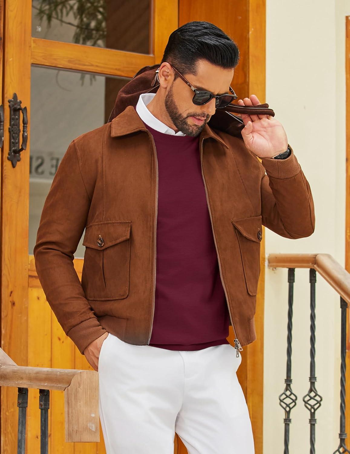 imageCOOFANDY Mens Crew Neck Pullover Sweater Slim Fit Long Sleeve Knit Sweaters Lightweight Dress Casual Crewneck SweaterWine Red