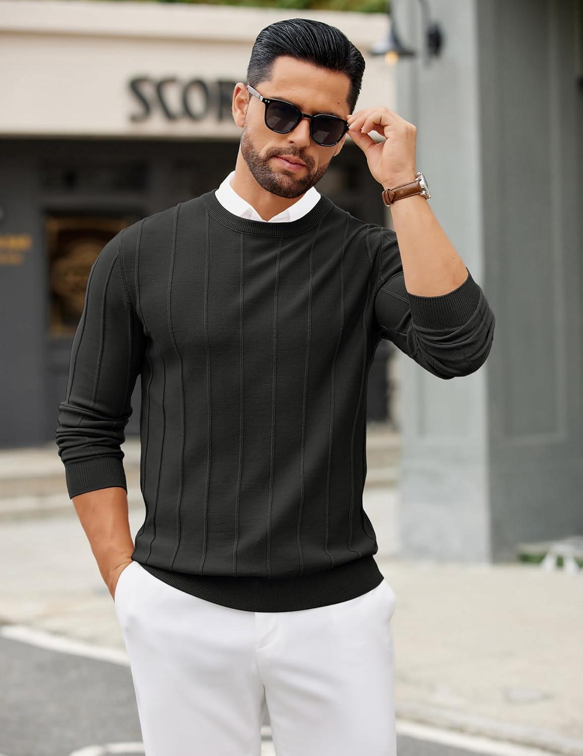 imageCOOFANDY Mens Crew Neck Sweater Long Sleeve Ribbed Knit Dress Sweaters Casual Slim Fit PulloverBlack