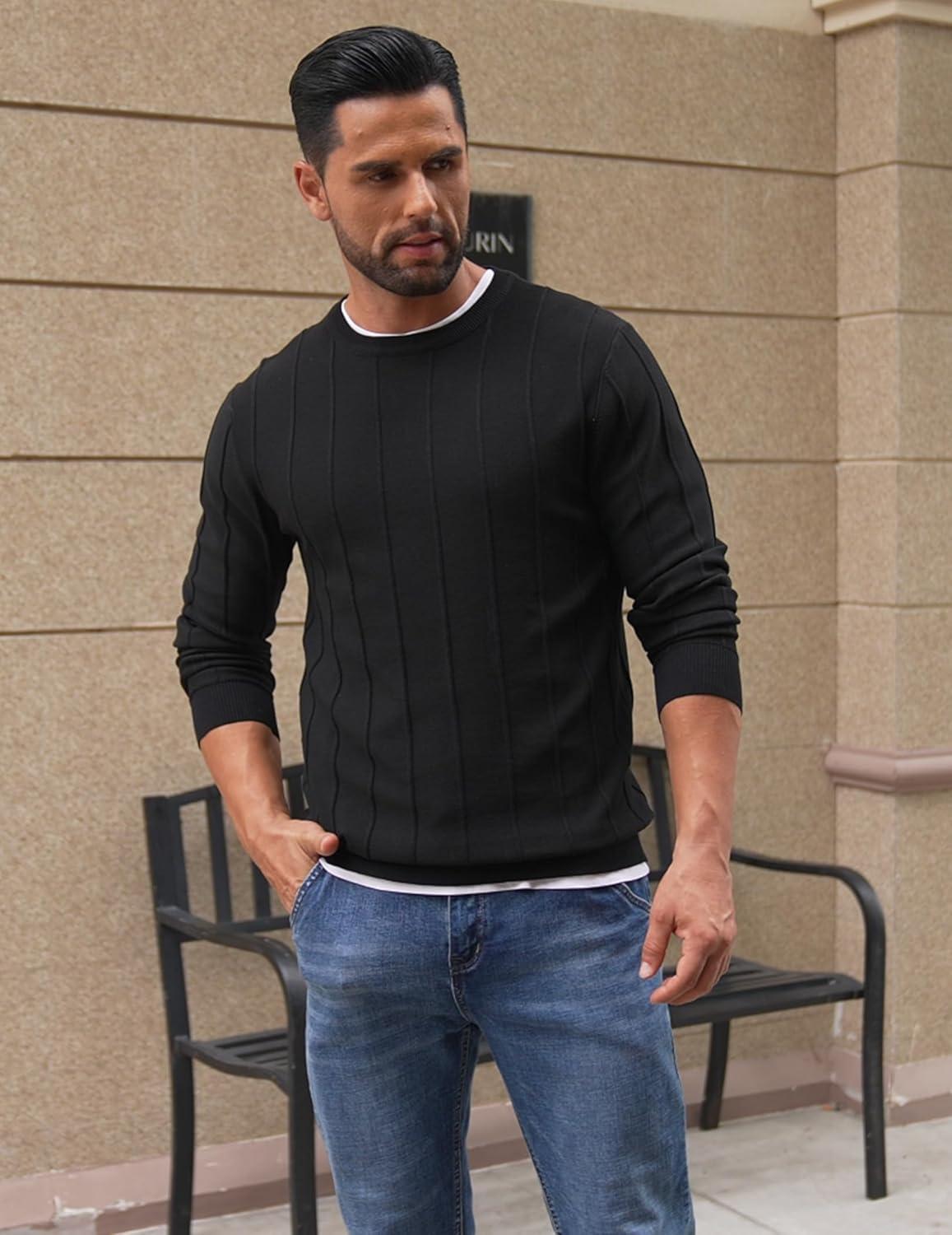 imageCOOFANDY Mens Crew Neck Sweater Long Sleeve Ribbed Knit Dress Sweaters Casual Slim Fit PulloverBlack