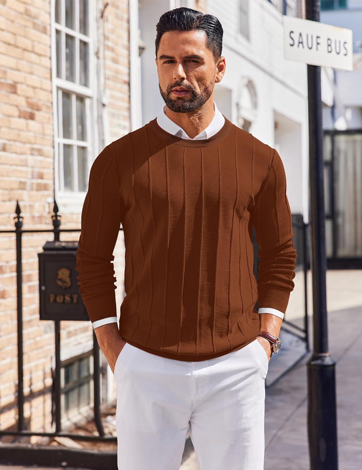 imageCOOFANDY Mens Crew Neck Sweater Long Sleeve Ribbed Knit Dress Sweaters Casual Slim Fit PulloverCaramel