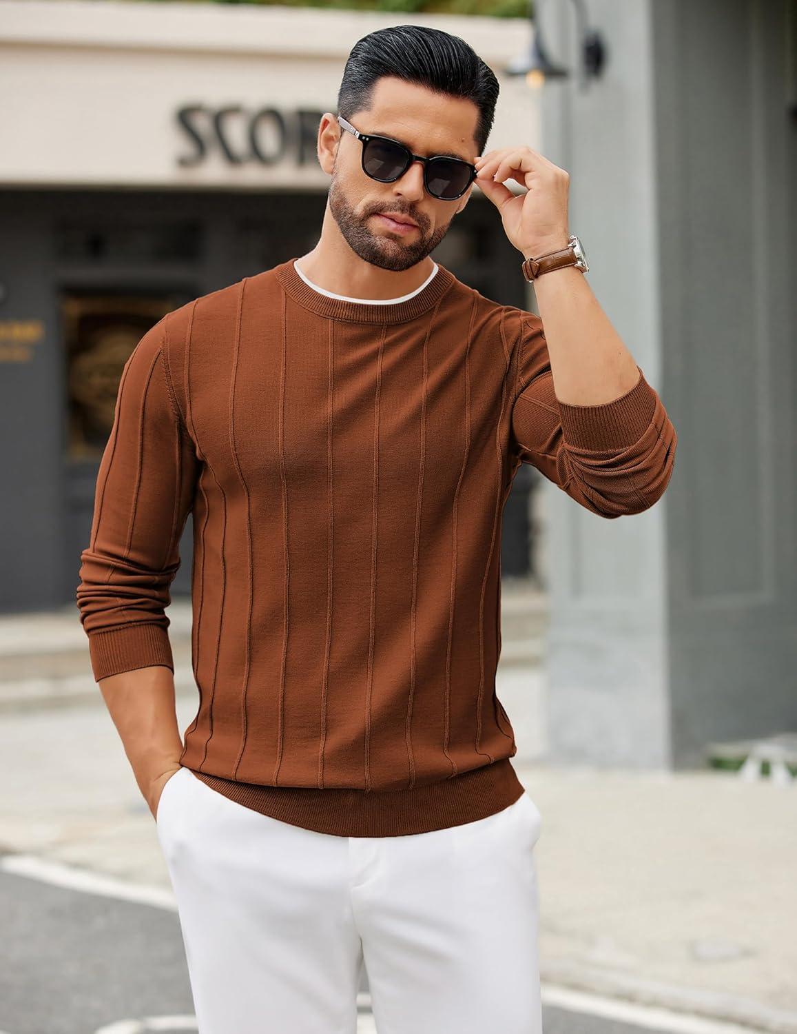 imageCOOFANDY Mens Crew Neck Sweater Long Sleeve Ribbed Knit Dress Sweaters Casual Slim Fit PulloverCaramel