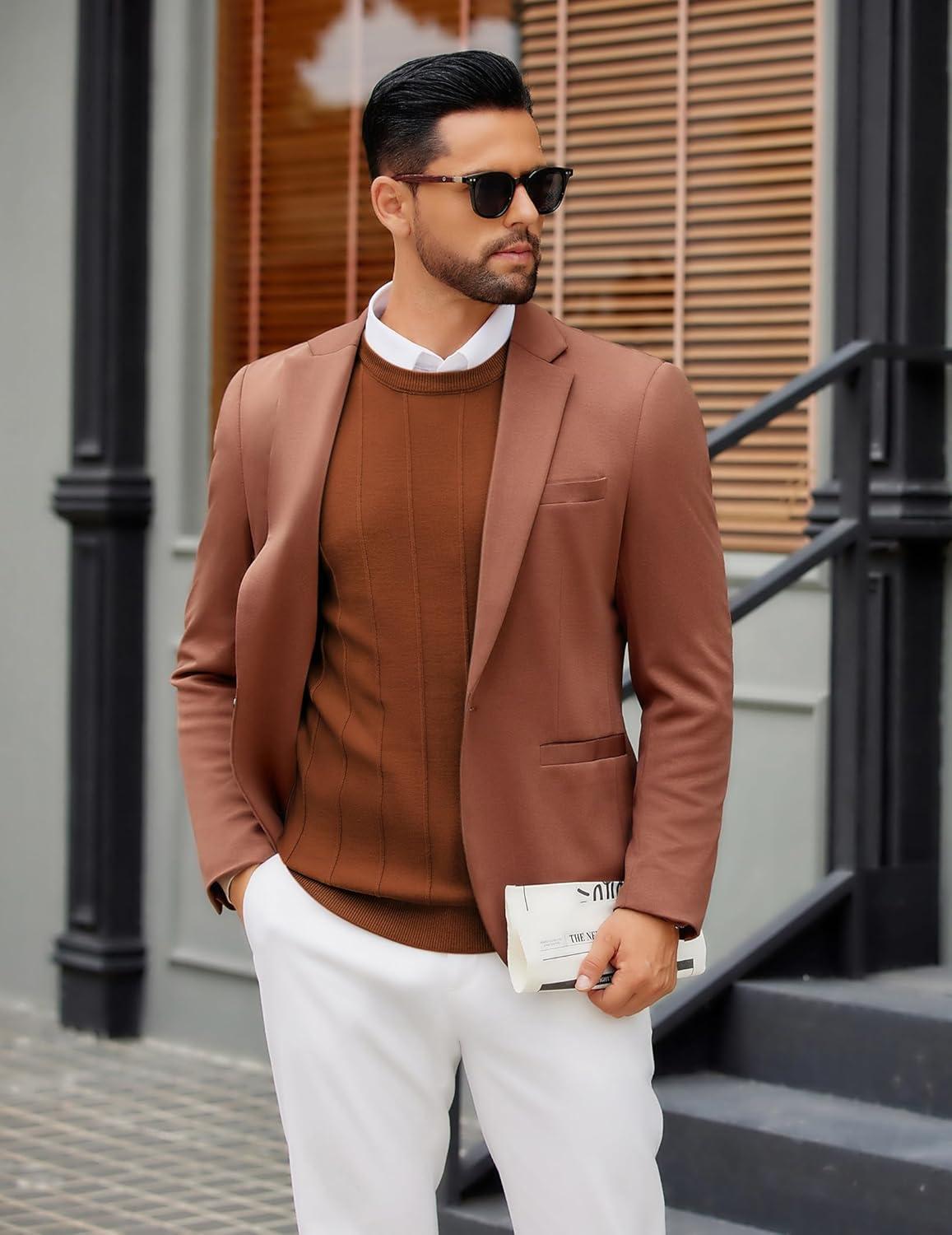 imageCOOFANDY Mens Crew Neck Sweater Long Sleeve Ribbed Knit Dress Sweaters Casual Slim Fit PulloverCaramel