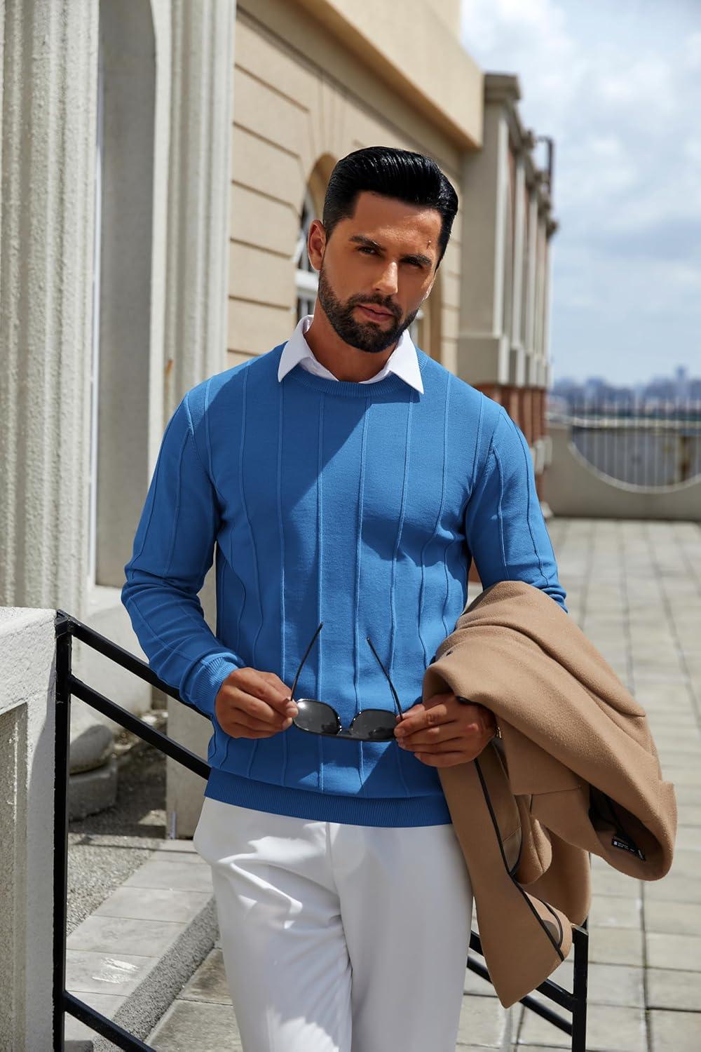 imageCOOFANDY Mens Crew Neck Sweater Long Sleeve Ribbed Knit Dress Sweaters Casual Slim Fit PulloverDark Blue