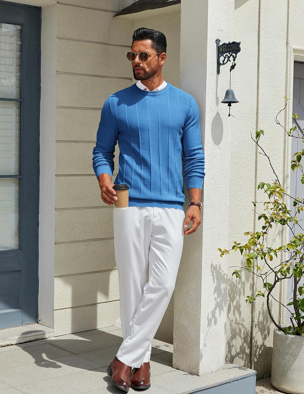 imageCOOFANDY Mens Crew Neck Sweater Long Sleeve Ribbed Knit Dress Sweaters Casual Slim Fit PulloverDark Blue