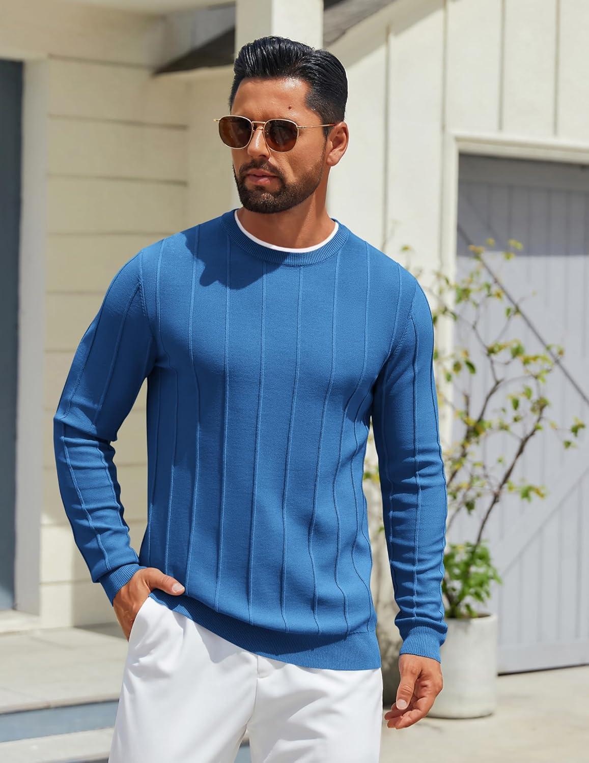 imageCOOFANDY Mens Crew Neck Sweater Long Sleeve Ribbed Knit Dress Sweaters Casual Slim Fit PulloverDark Blue
