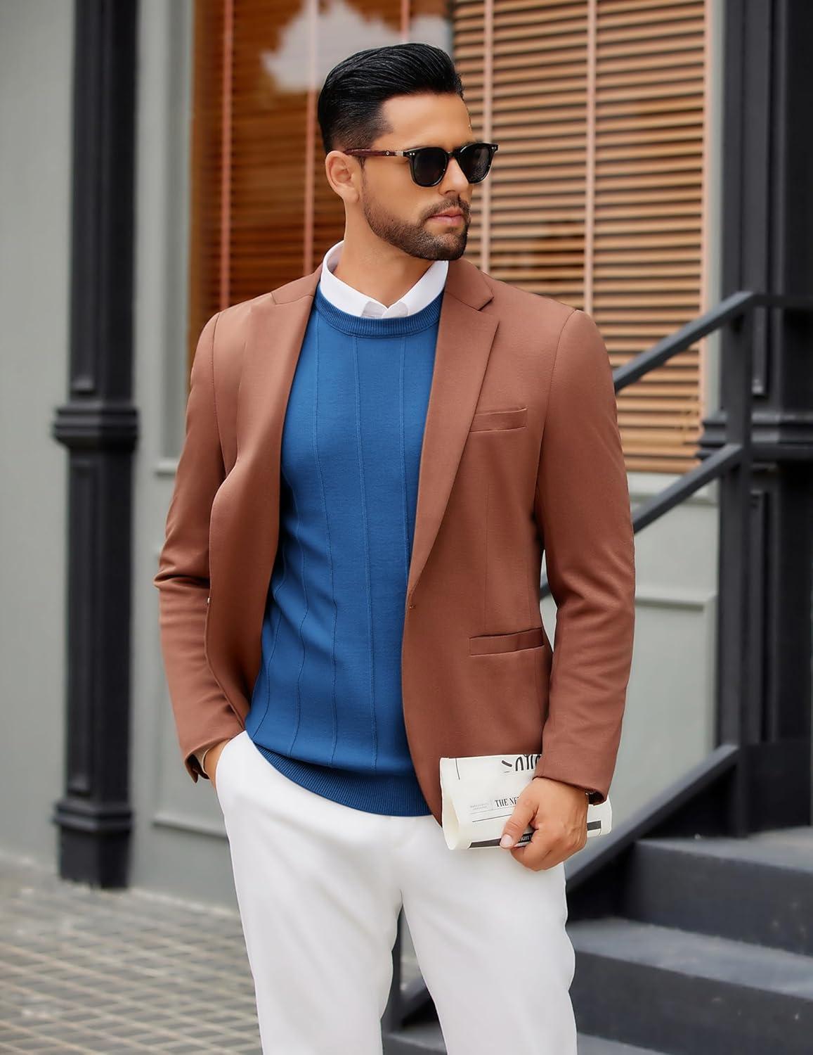 imageCOOFANDY Mens Crew Neck Sweater Long Sleeve Ribbed Knit Dress Sweaters Casual Slim Fit PulloverDark Blue