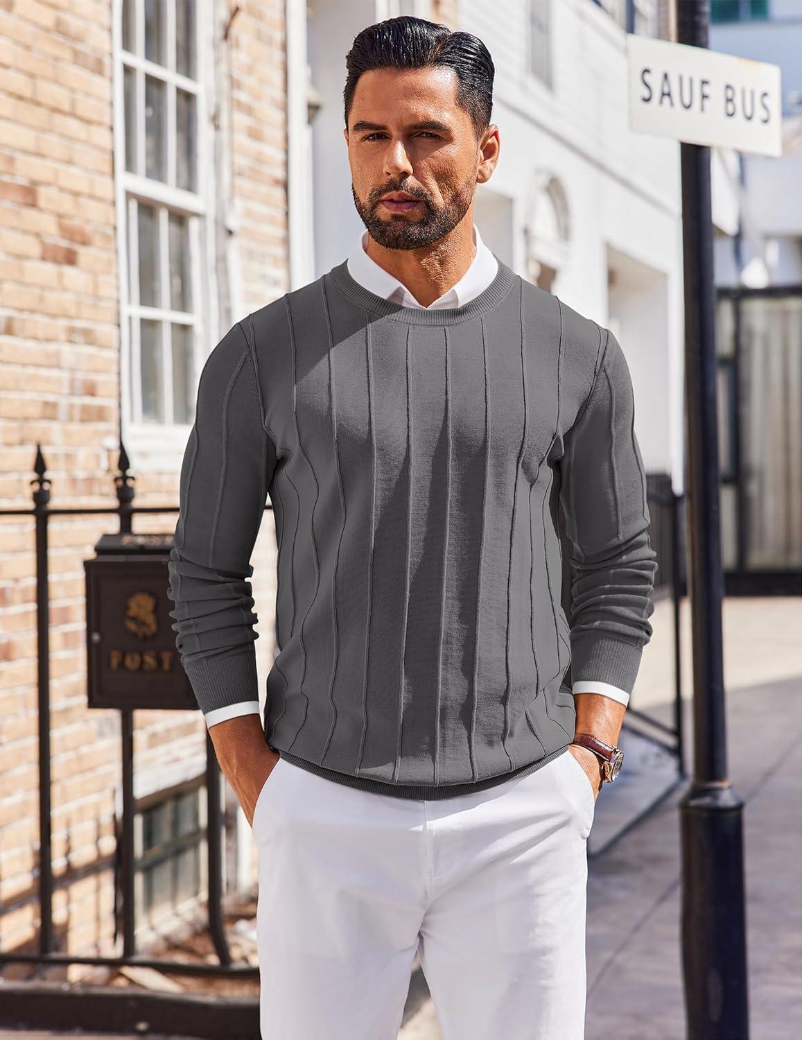 imageCOOFANDY Mens Crew Neck Sweater Long Sleeve Ribbed Knit Dress Sweaters Casual Slim Fit PulloverDark Grey
