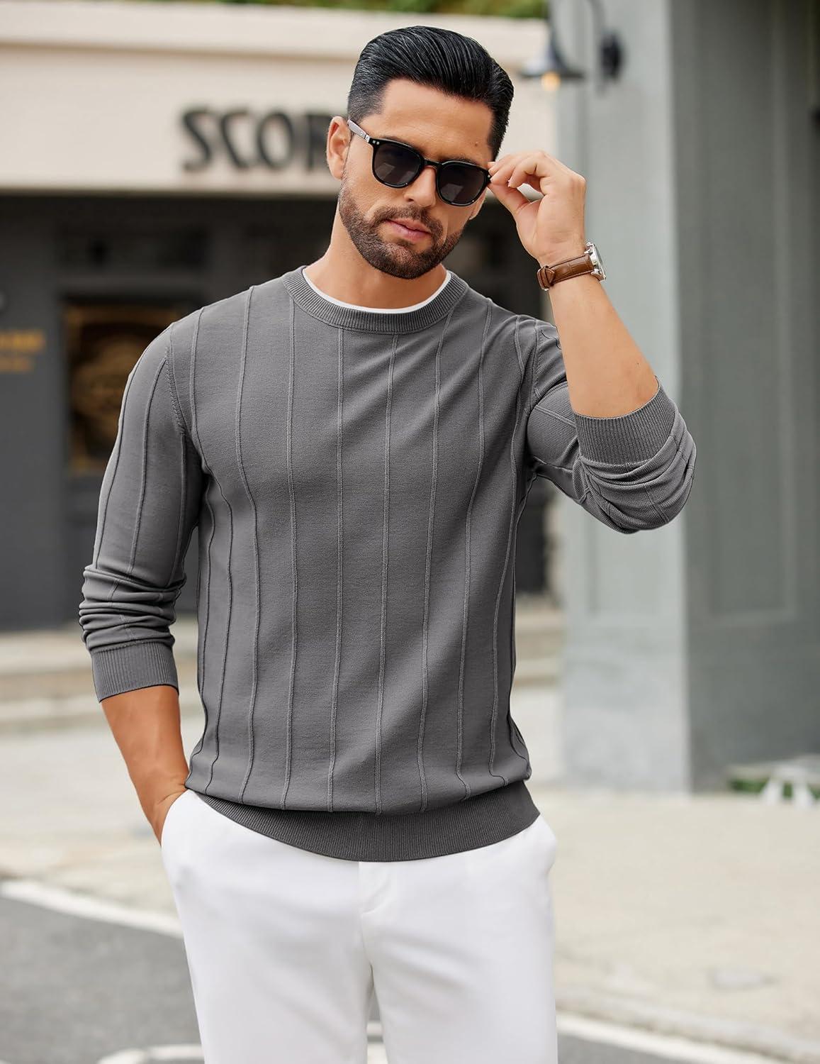 imageCOOFANDY Mens Crew Neck Sweater Long Sleeve Ribbed Knit Dress Sweaters Casual Slim Fit PulloverDark Grey