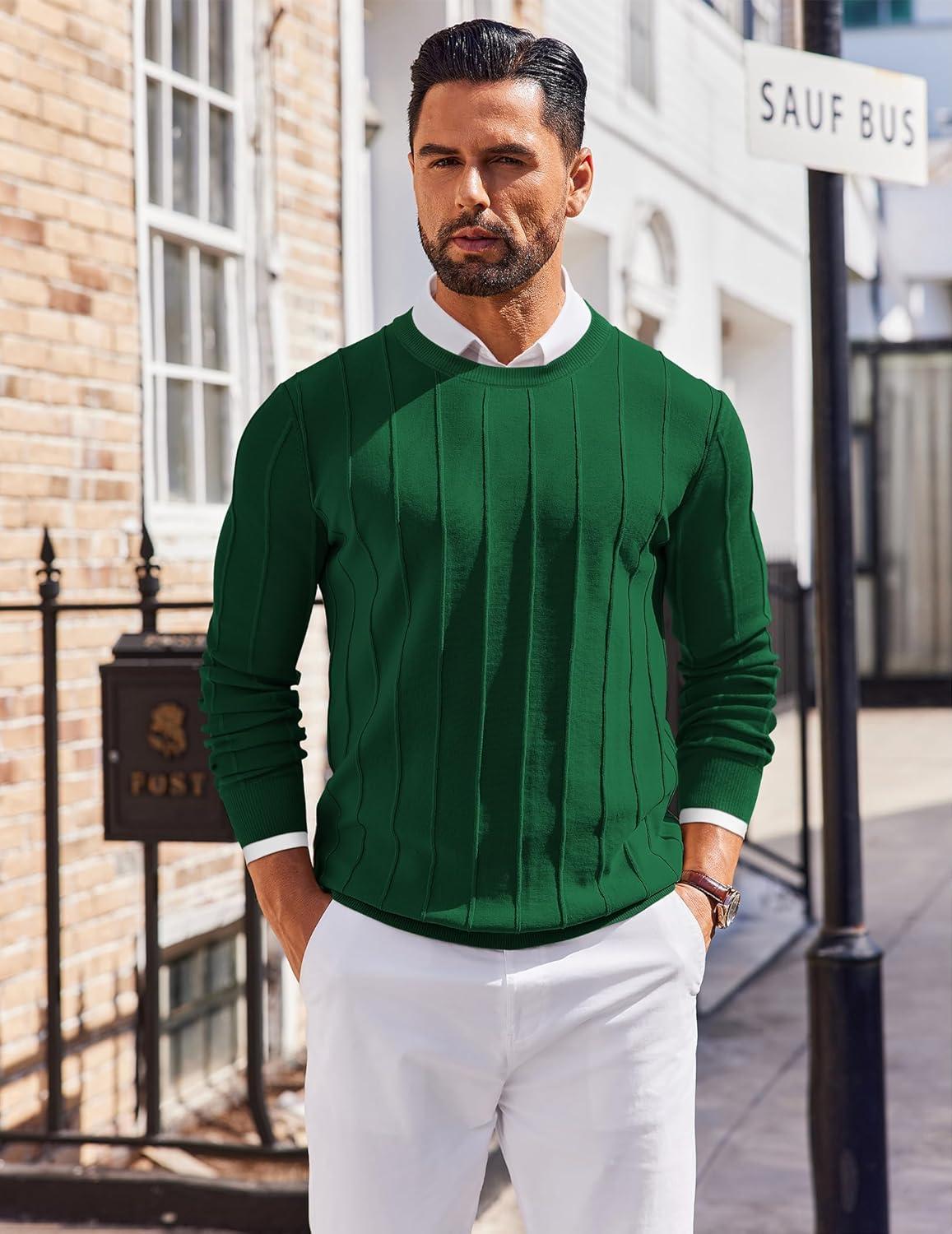 imageCOOFANDY Mens Crew Neck Sweater Long Sleeve Ribbed Knit Dress Sweaters Casual Slim Fit PulloverGreen