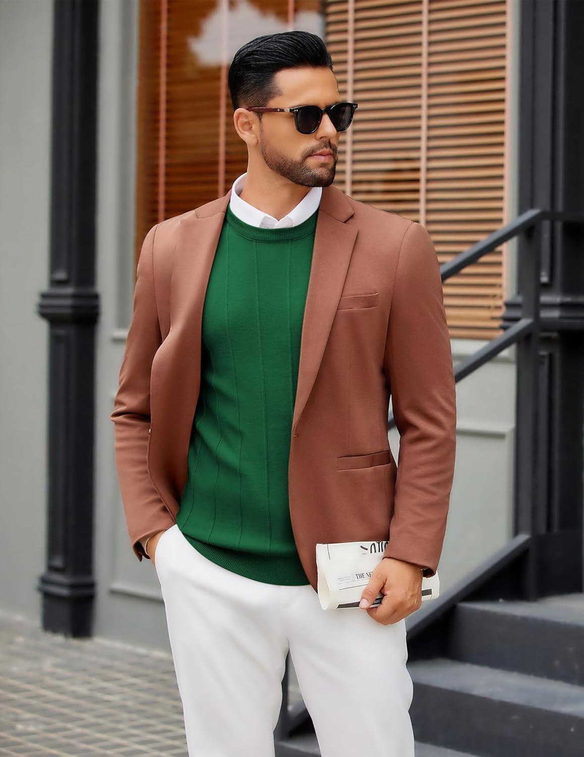 imageCOOFANDY Mens Crew Neck Sweater Long Sleeve Ribbed Knit Dress Sweaters Casual Slim Fit PulloverGreen