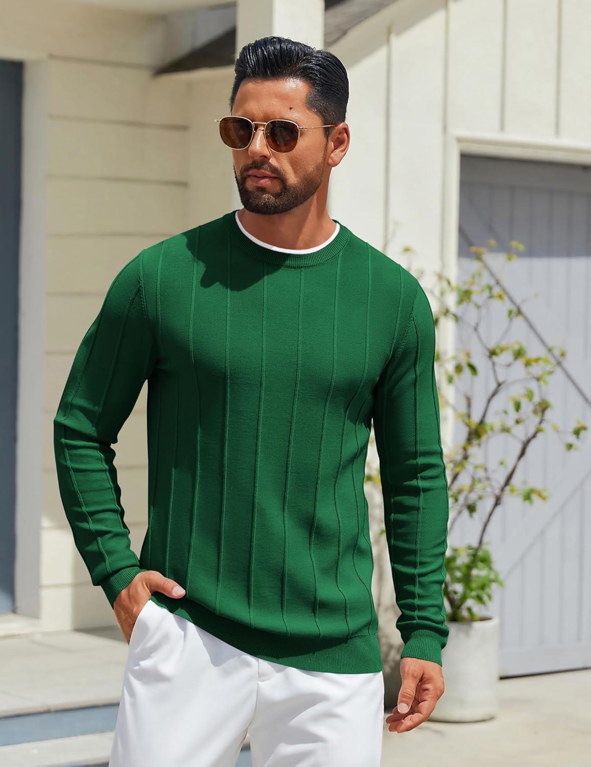 imageCOOFANDY Mens Crew Neck Sweater Long Sleeve Ribbed Knit Dress Sweaters Casual Slim Fit PulloverGreen