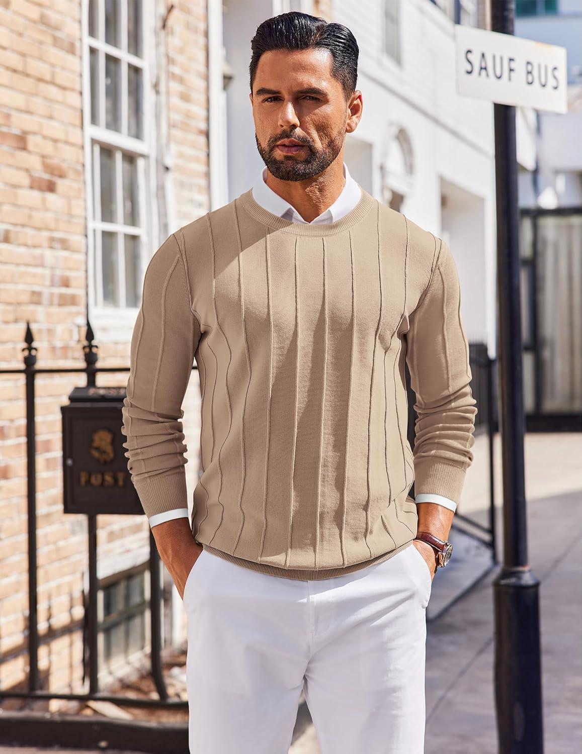 imageCOOFANDY Mens Crew Neck Sweater Long Sleeve Ribbed Knit Dress Sweaters Casual Slim Fit PulloverKhaki