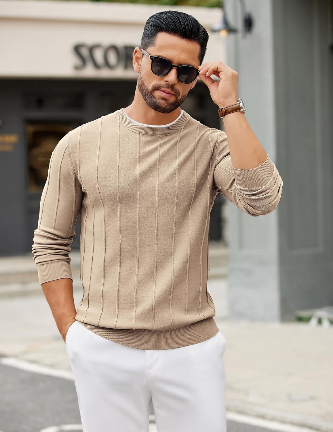 imageCOOFANDY Mens Crew Neck Sweater Long Sleeve Ribbed Knit Dress Sweaters Casual Slim Fit PulloverKhaki