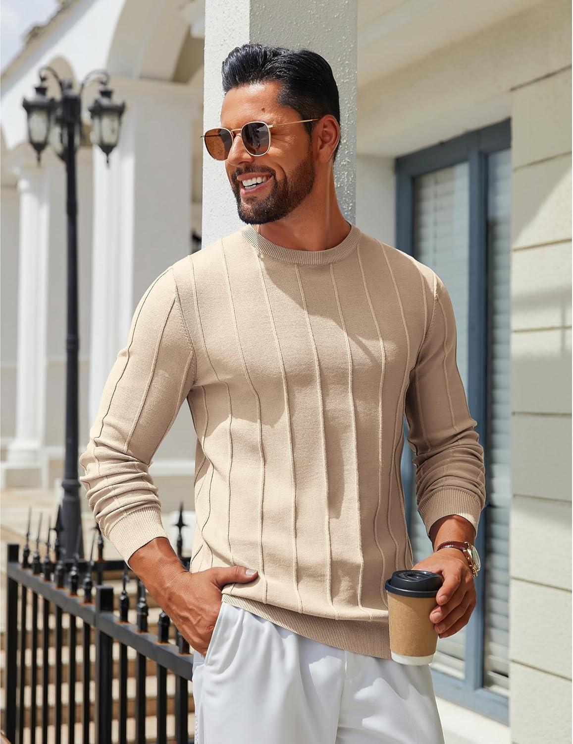 imageCOOFANDY Mens Crew Neck Sweater Long Sleeve Ribbed Knit Dress Sweaters Casual Slim Fit PulloverKhaki