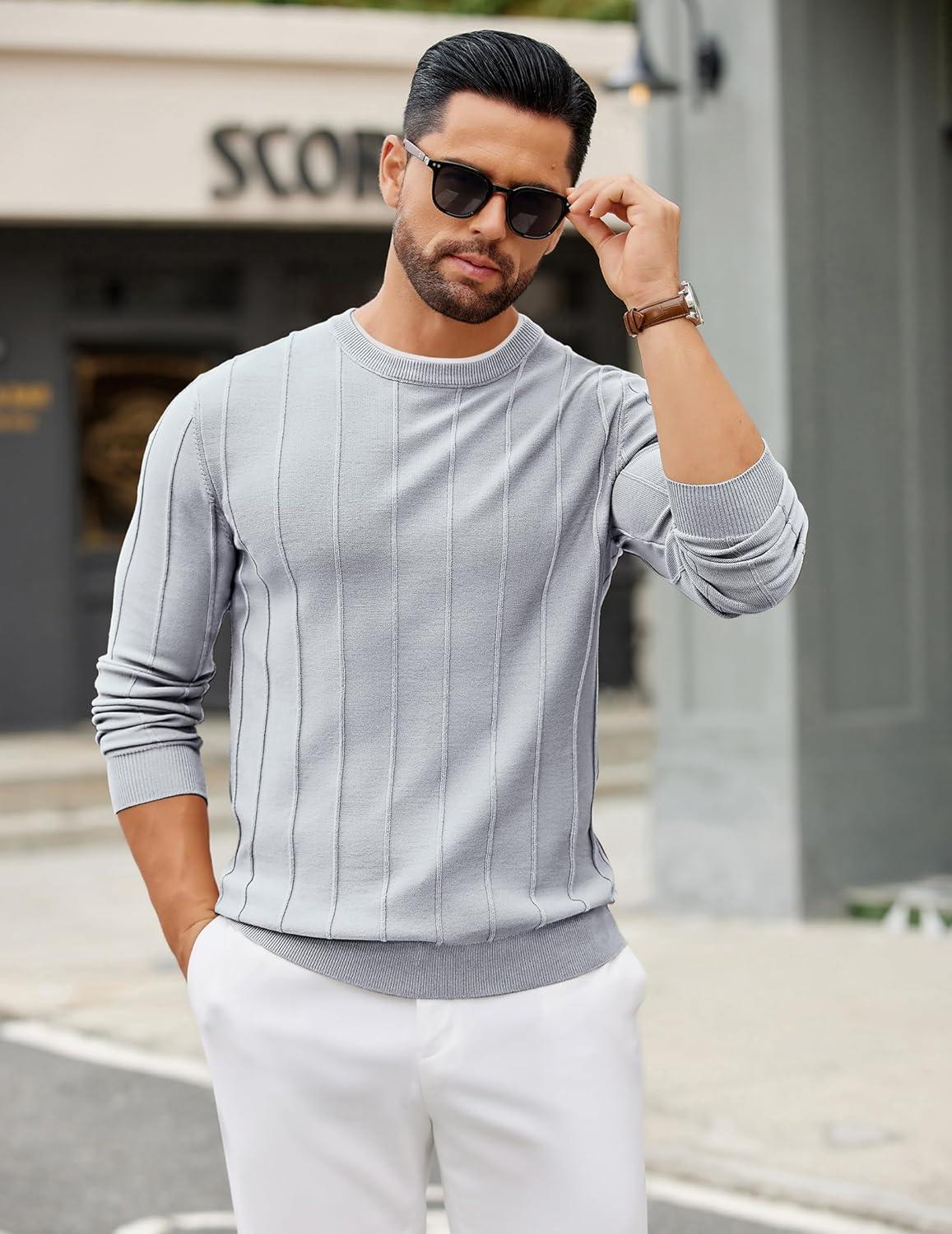 imageCOOFANDY Mens Crew Neck Sweater Long Sleeve Ribbed Knit Dress Sweaters Casual Slim Fit PulloverLight Grey