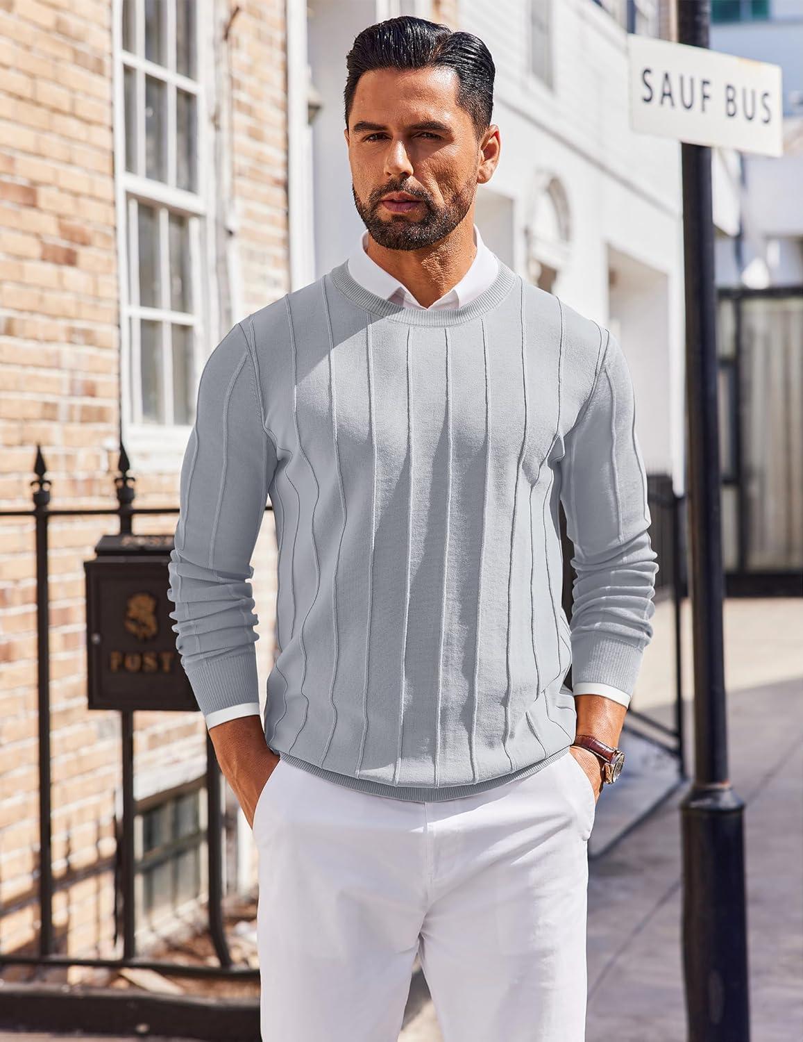 imageCOOFANDY Mens Crew Neck Sweater Long Sleeve Ribbed Knit Dress Sweaters Casual Slim Fit PulloverLight Grey