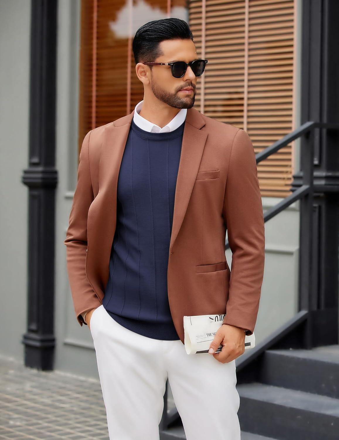 imageCOOFANDY Mens Crew Neck Sweater Long Sleeve Ribbed Knit Dress Sweaters Casual Slim Fit PulloverNavy Blue