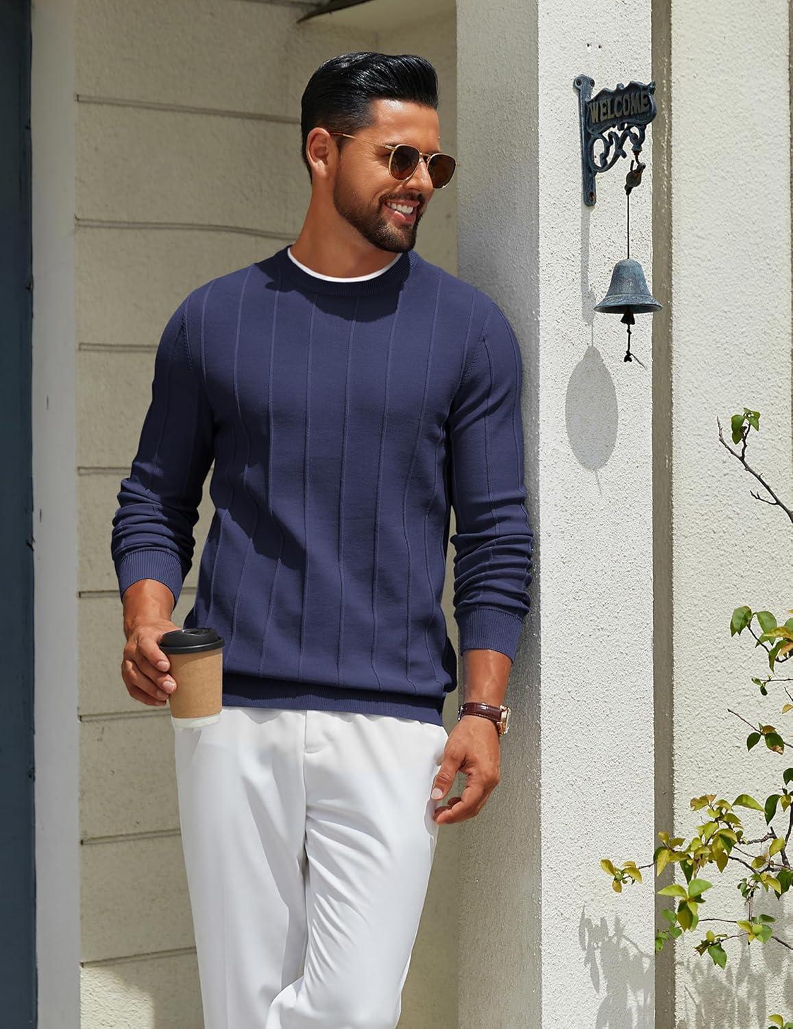 imageCOOFANDY Mens Crew Neck Sweater Long Sleeve Ribbed Knit Dress Sweaters Casual Slim Fit PulloverNavy Blue