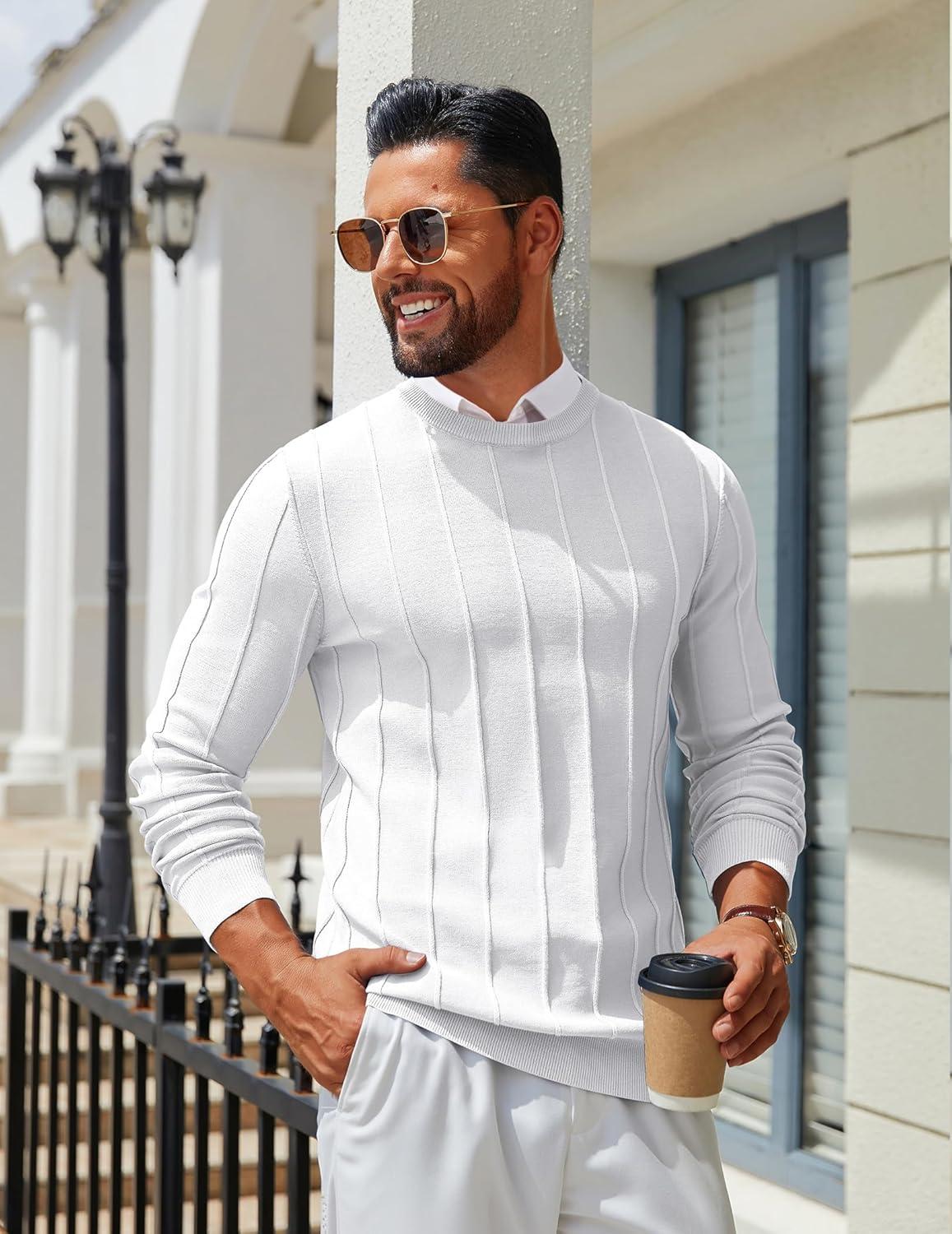 imageCOOFANDY Mens Crew Neck Sweater Long Sleeve Ribbed Knit Dress Sweaters Casual Slim Fit PulloverWhite